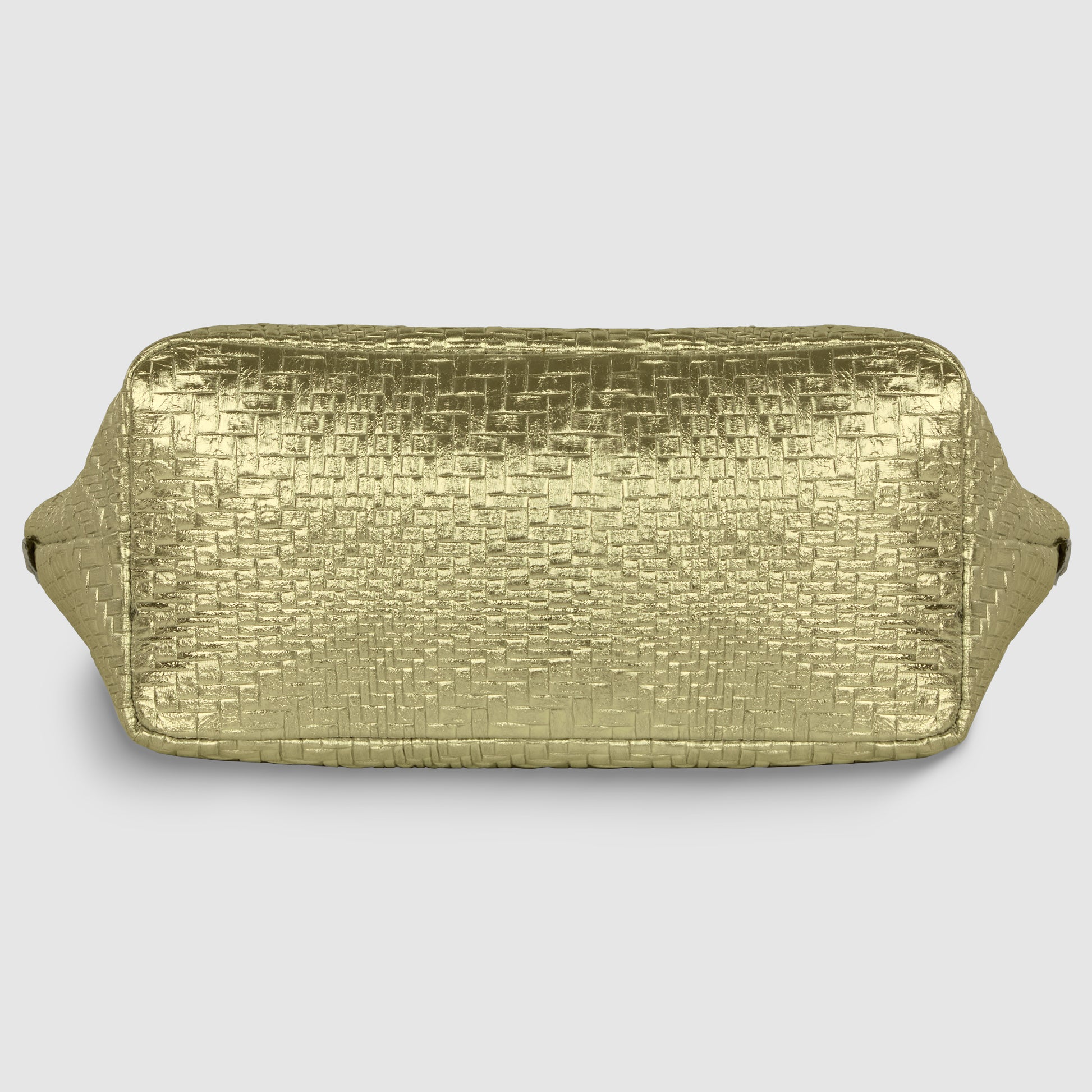 A rectangular gold clutch bag with a textured, woven pattern and shiny metallic finish, shown against a light gray background. This elegant grid-embossed purse features small handles on both sides for easy carrying.