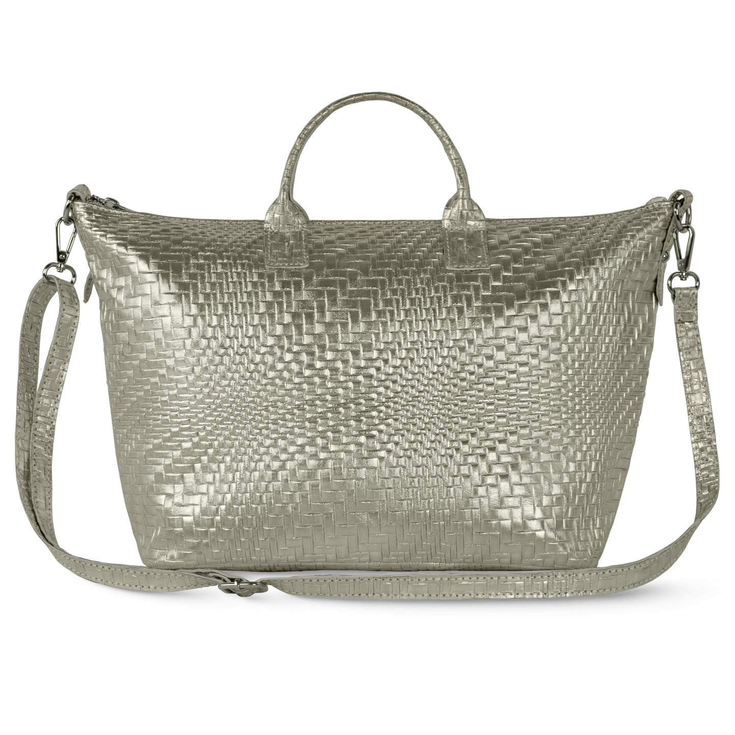 Grid Metallic Platinum woven-texture purse with two short handles and a detachable, adjustable crossbody strap. This eye-catching bag features a zippered top and a shiny metallic finish, perfect for any occasion.