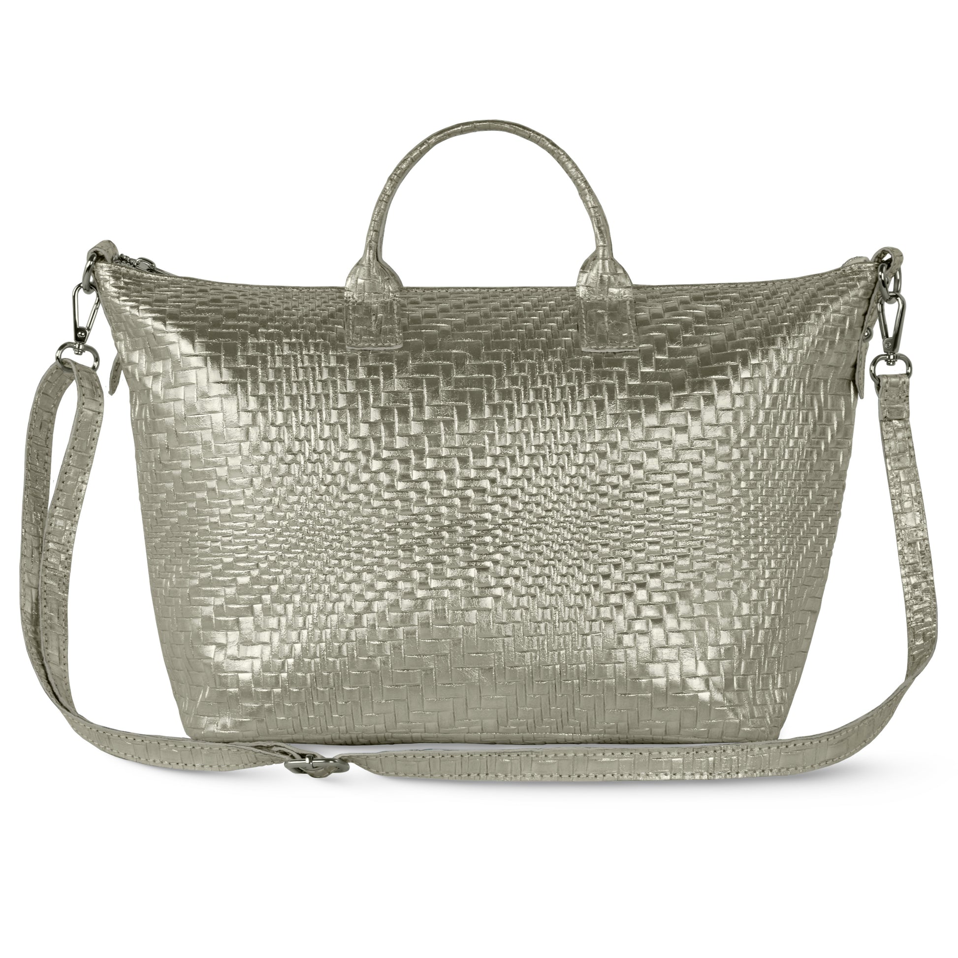 Grid Metallic Platinum woven-texture purse with two short handles and a detachable, adjustable crossbody strap. This eye-catching bag features a zippered top and a shiny metallic finish, perfect for any occasion.