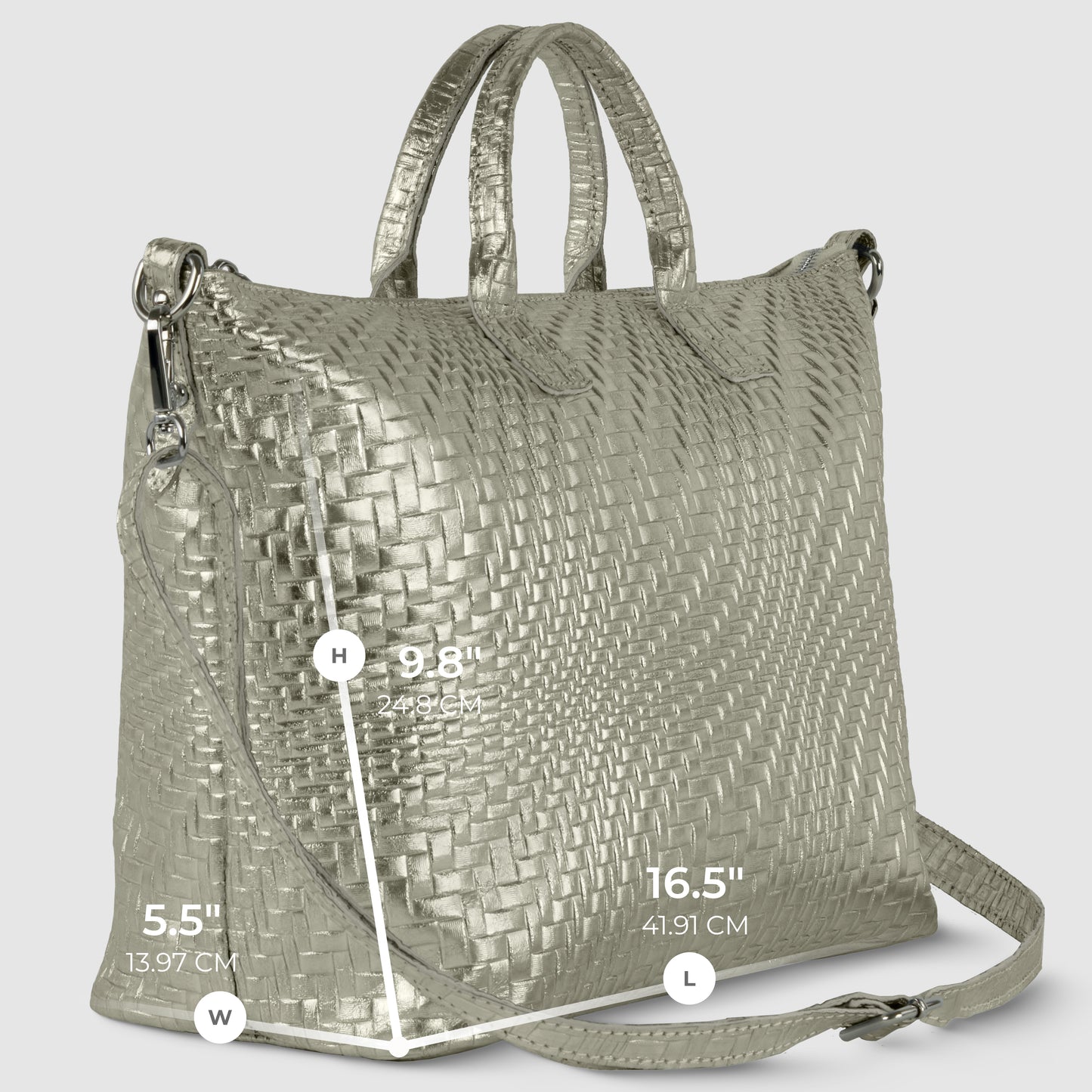 A metallic silver woven handbag with top handles and a detachable shoulder strap, this sleek metallic finish purse combines style and versatility. Dimensions shown: height 9.8, width 5.5, length 16.5. The background is light gray.