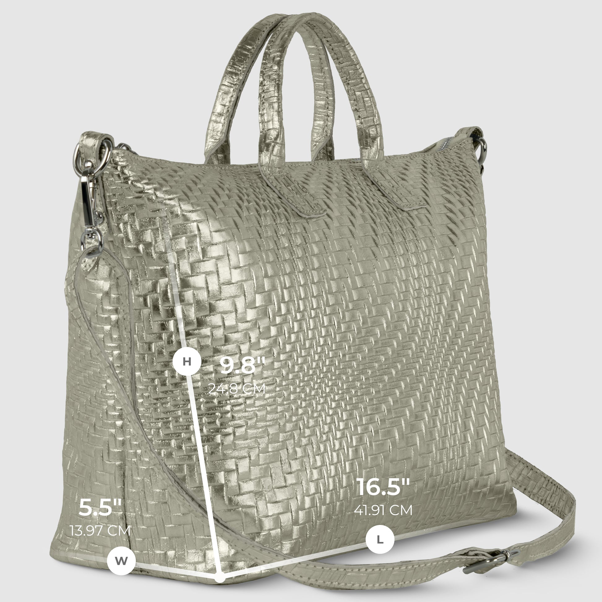 A metallic silver woven handbag with top handles and a detachable shoulder strap, this sleek metallic finish purse combines style and versatility. Dimensions shown: height 9.8, width 5.5, length 16.5. The background is light gray.