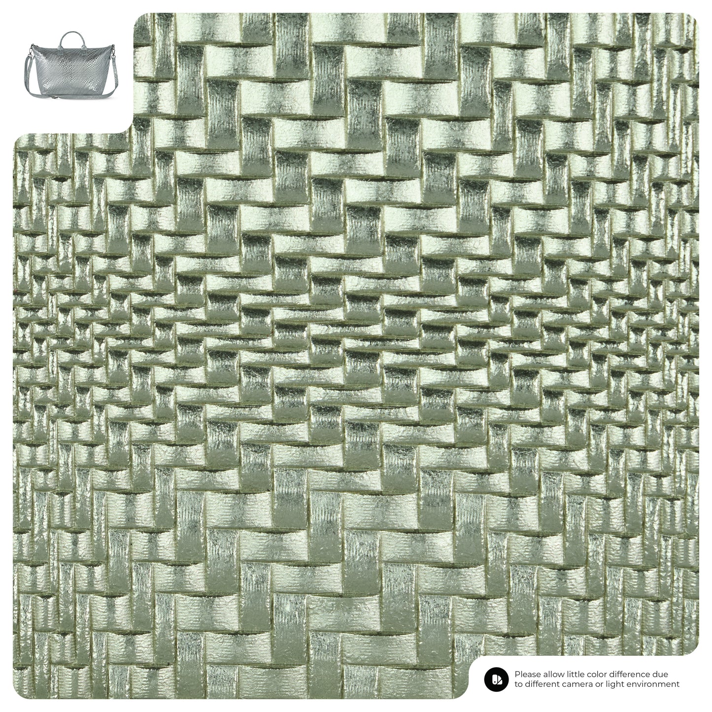 Close-up of a shiny, metallic silver-green woven texture, with a small inset image of an Italian leather handbag in the top left corner and a note about color differences at the bottom right.