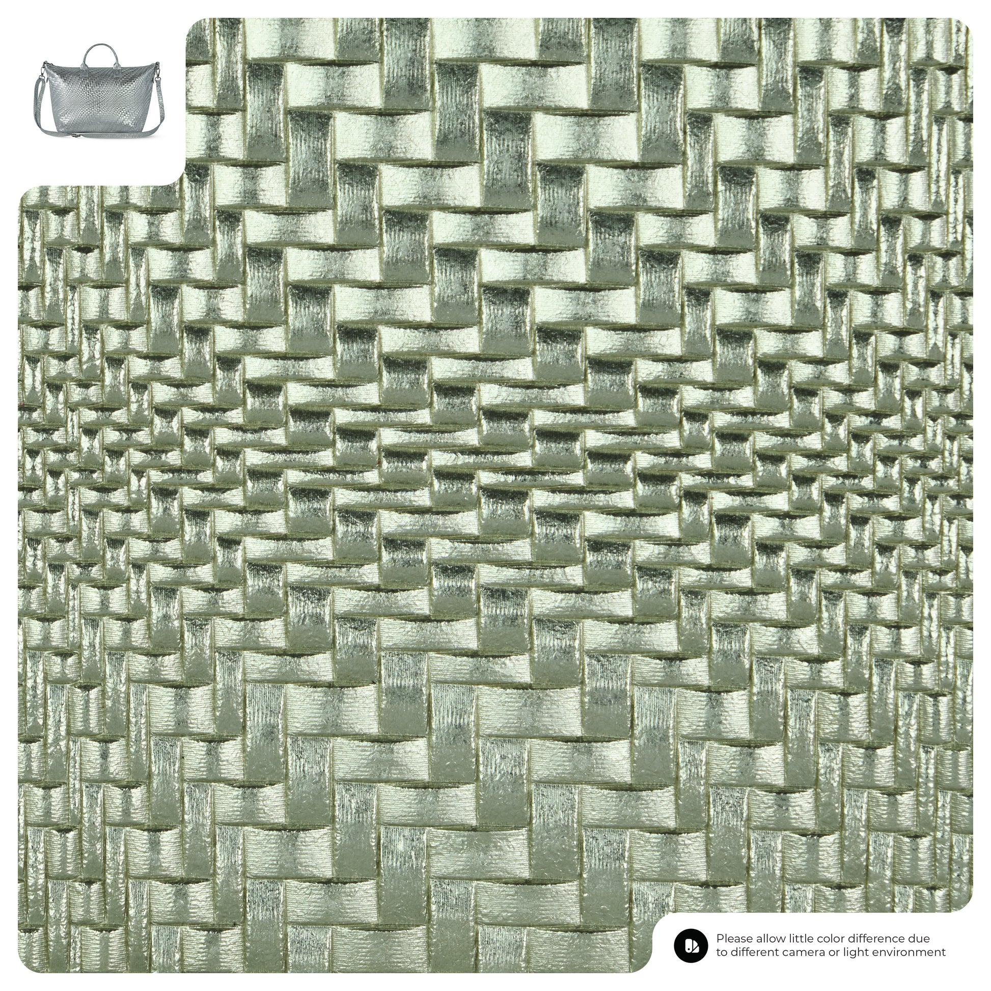 Close-up of a shiny, metallic silver-green woven texture, with a small inset image of an Italian leather handbag in the top left corner and a note about color differences at the bottom right.