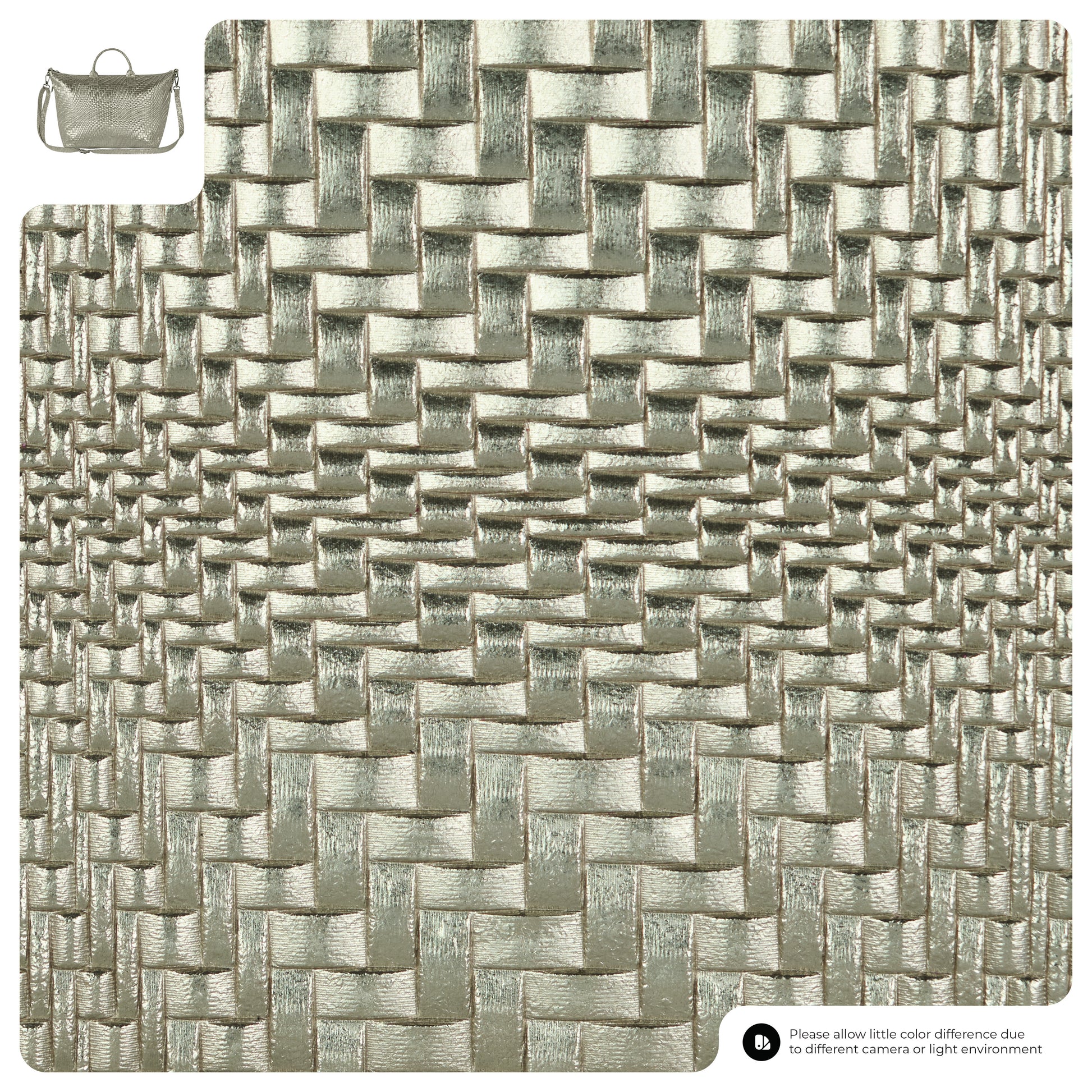Close-up of a metallic silver woven texture with a small top-handle crossbody bag in the upper left corner, highlighting the material used for the bag. Text at the bottom notes possible color differences due to lighting or camera.