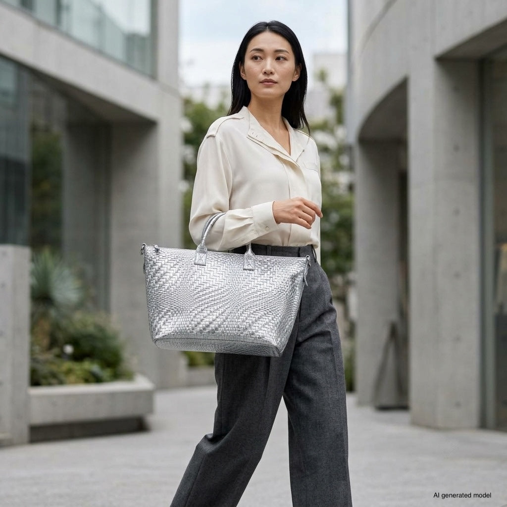 A woman in a cream blouse and gray trousers walks outside in a modern urban setting, carrying an Italian suede handbag made in Italy.