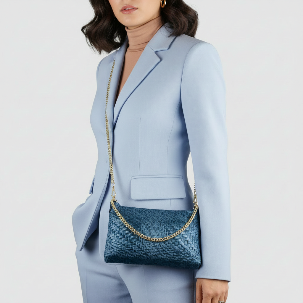 A woman in a light blue suit and beige turtleneck holds a handcrafted Italian bag with a gold chain strap, its woven suede leather showcasing Florentine leather artisanship, standing against a plain white background.
