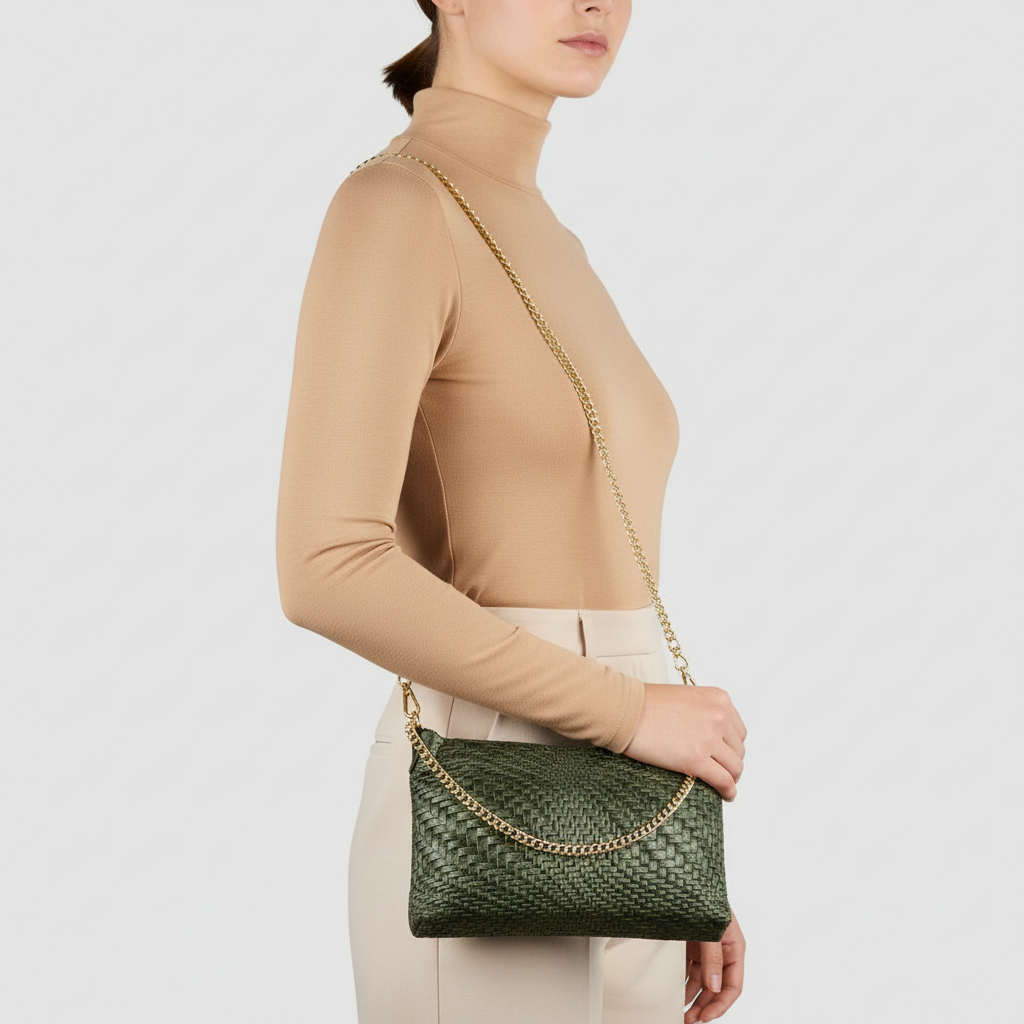 A woman in a beige turtleneck and cream pants holds a green grid suede leather bag with a gold chain strap, handcrafted in Italy, against a plain white background.