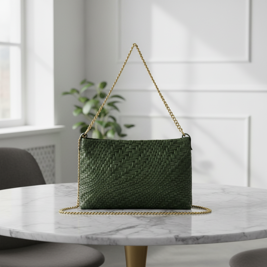 A green handcrafted Italian bag with a gold chain strap rests on a round marble table in a modern, bright room with neutral walls and a plant in the background.