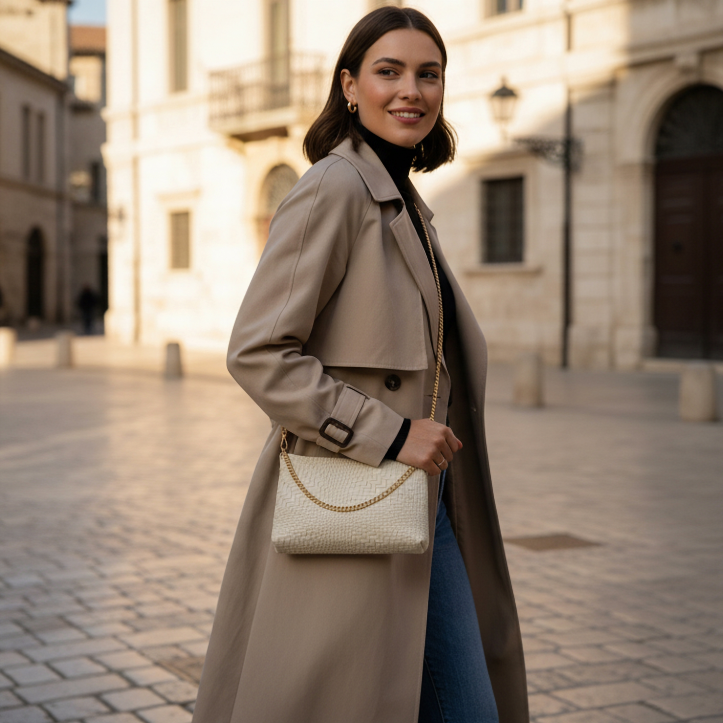 A woman in a beige trench coat, black turtleneck, and jeans walks on a cobblestone street with historic buildings, smiling and carrying an Italian handcrafted bag with a gold chain.