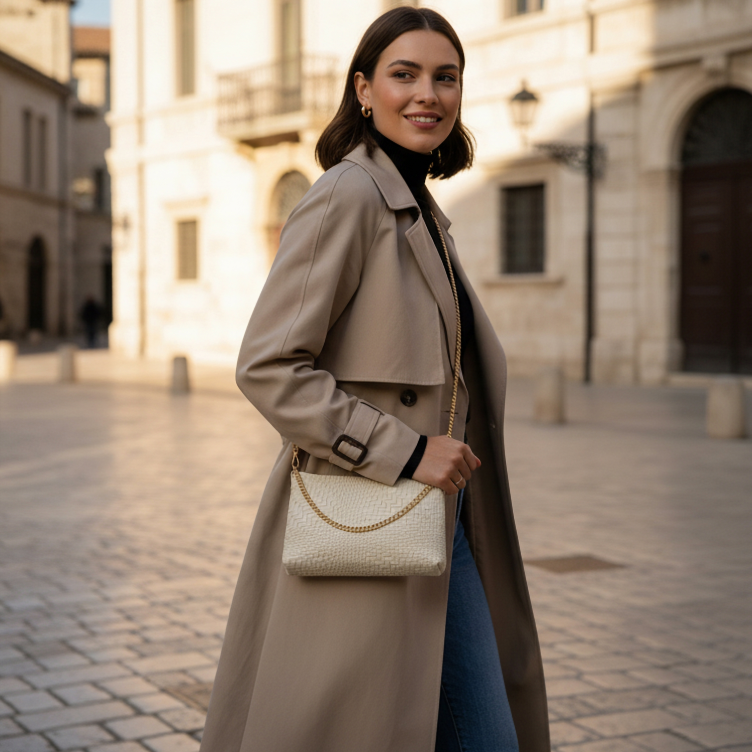 A woman in a beige trench coat, black turtleneck, and jeans walks on a cobblestone street with historic buildings, smiling and carrying an Italian handcrafted bag with a gold chain.