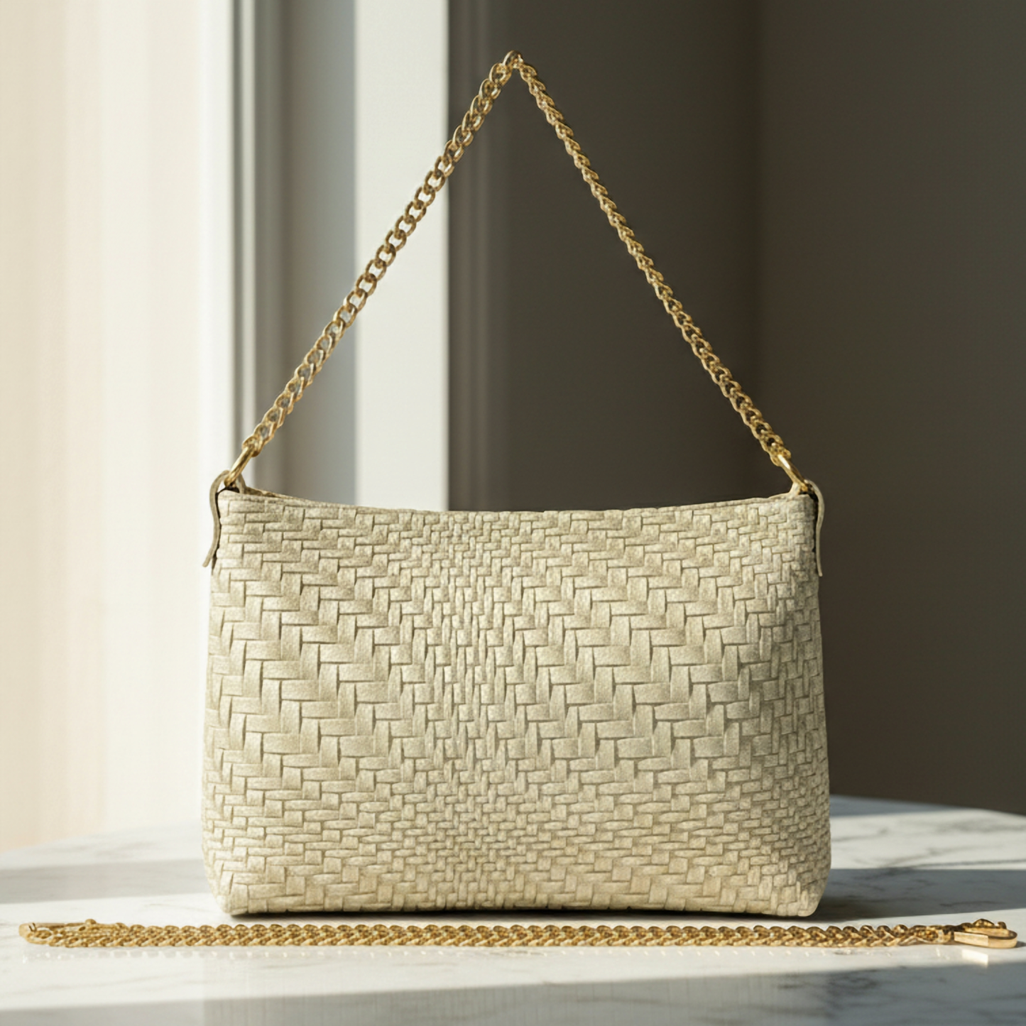 A woven suede beige handbag with a gold chain strap is displayed on a marble surface, sunlight illuminating the bag. A longer detachable gold chain lies in front of this elegant Italian handcrafted bag.