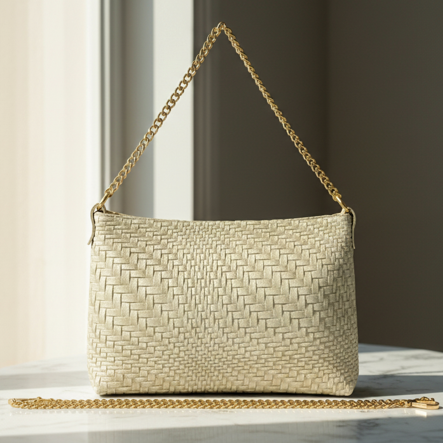 A woven suede beige handbag with a gold chain strap is displayed on a marble surface, sunlight illuminating the bag. A longer detachable gold chain lies in front of this elegant Italian handcrafted bag.