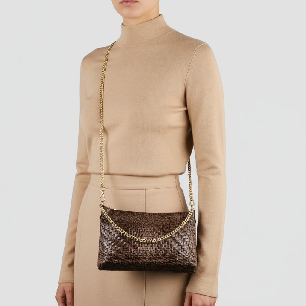 A woman in a beige turtleneck and skirt holds a dark brown Florentine leather shoulder bag with a gold chain strap against a plain light background.