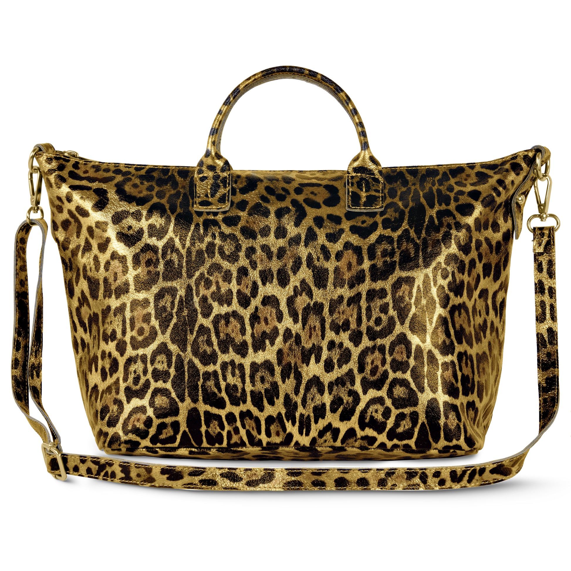 A metallic leopard print handbag with a shiny finish, featuring two short handles and a long adjustable shoulder strap with gold hardware.