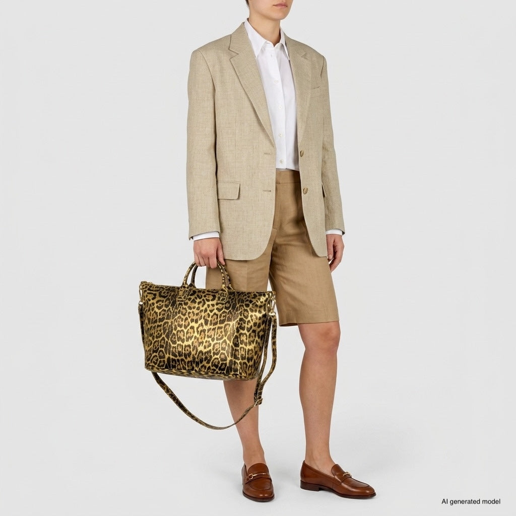 A person in a beige blazer, white shirt, tan knee-length shorts, and brown loafers holds an elegant Italian leather handbag. The background is plain light gray.