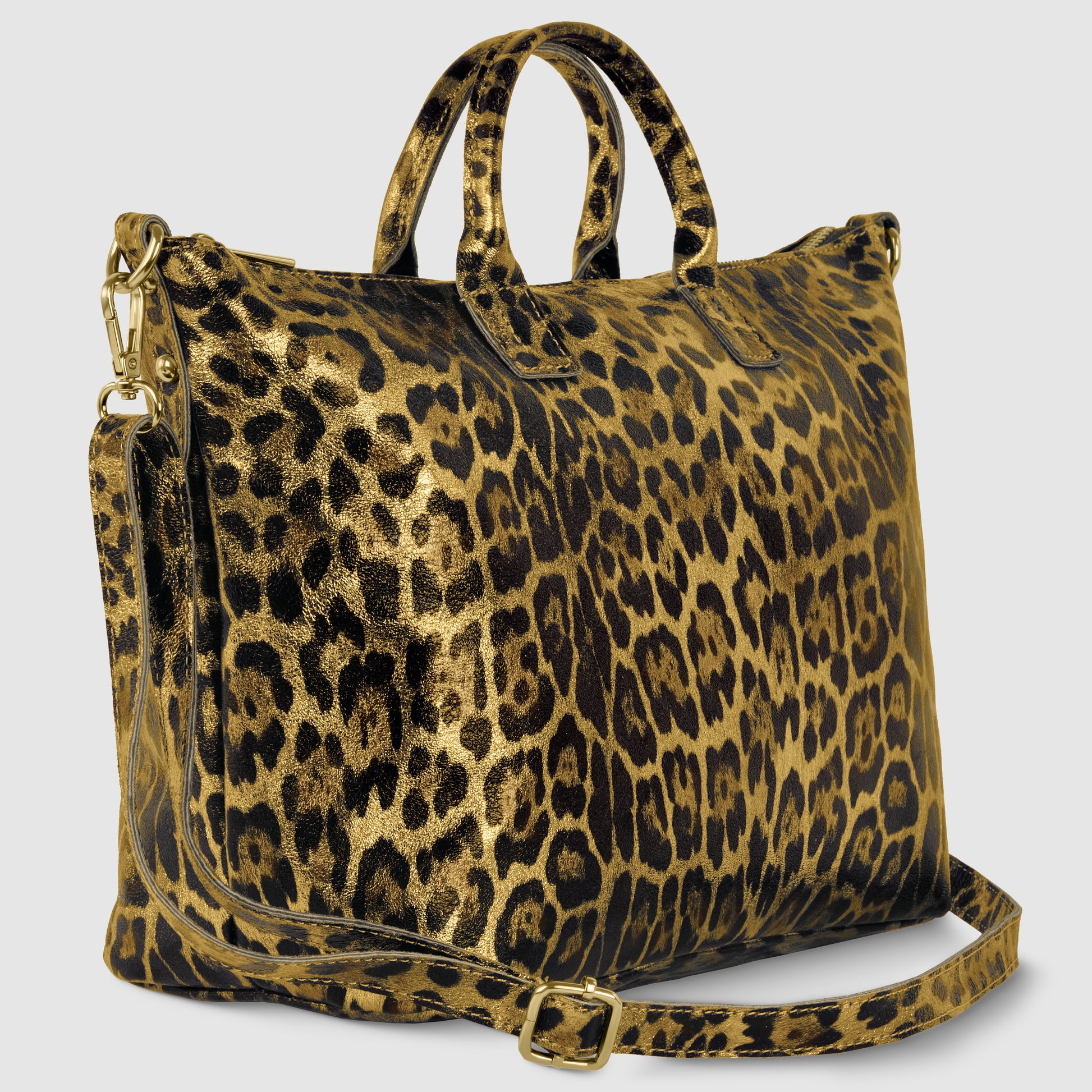 A square-shaped TAKEASY handbag with a metallic leopard print pattern, featuring two short handles and a detachable, adjustable shoulder strap with gold-tone hardware.