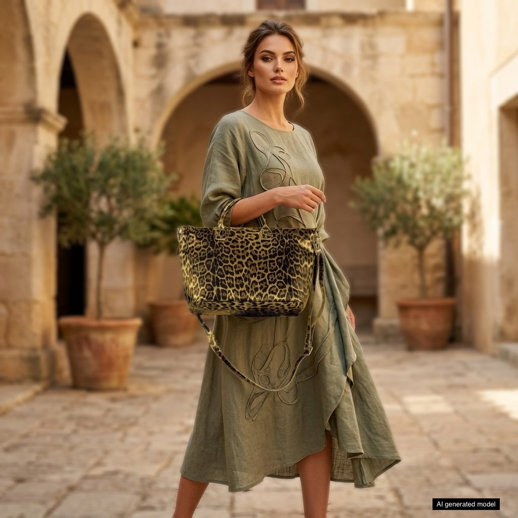 A woman in a loose, olive-green dress stands outdoors in a sunlit stone courtyard, holding a chic Italian leather handbag. Potted plants and stone arches are visible in the background.