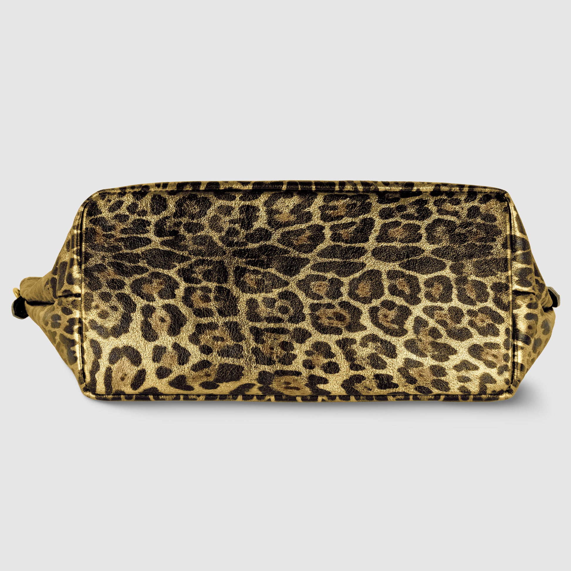 Rectangular Italian suede handbag with a brown and black leopard print pattern, shown from the bottom against a plain light gray background.