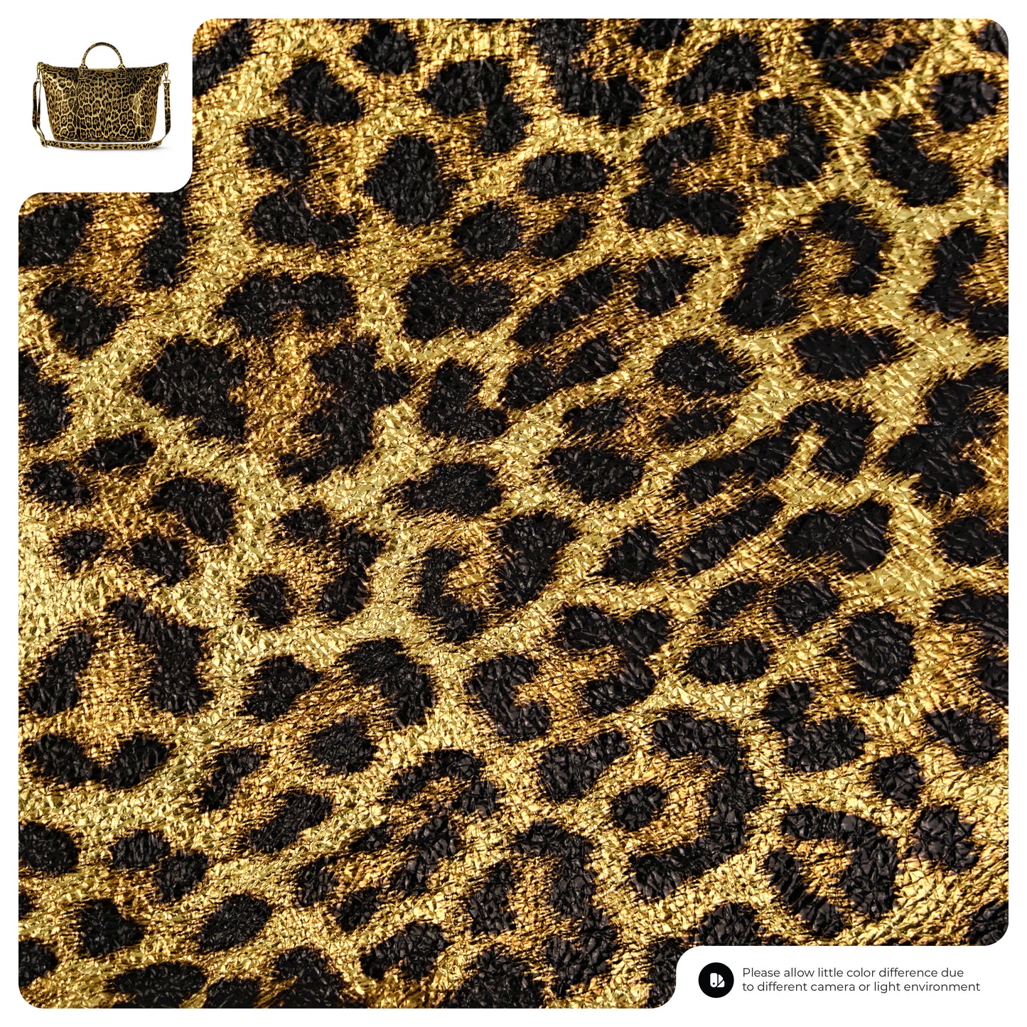 A close-up of a metallic leopard print fabric with irregular black spots on a golden-brown background. A small image in the corner features a matching TAKEASY handbag crafted from the same striking material.