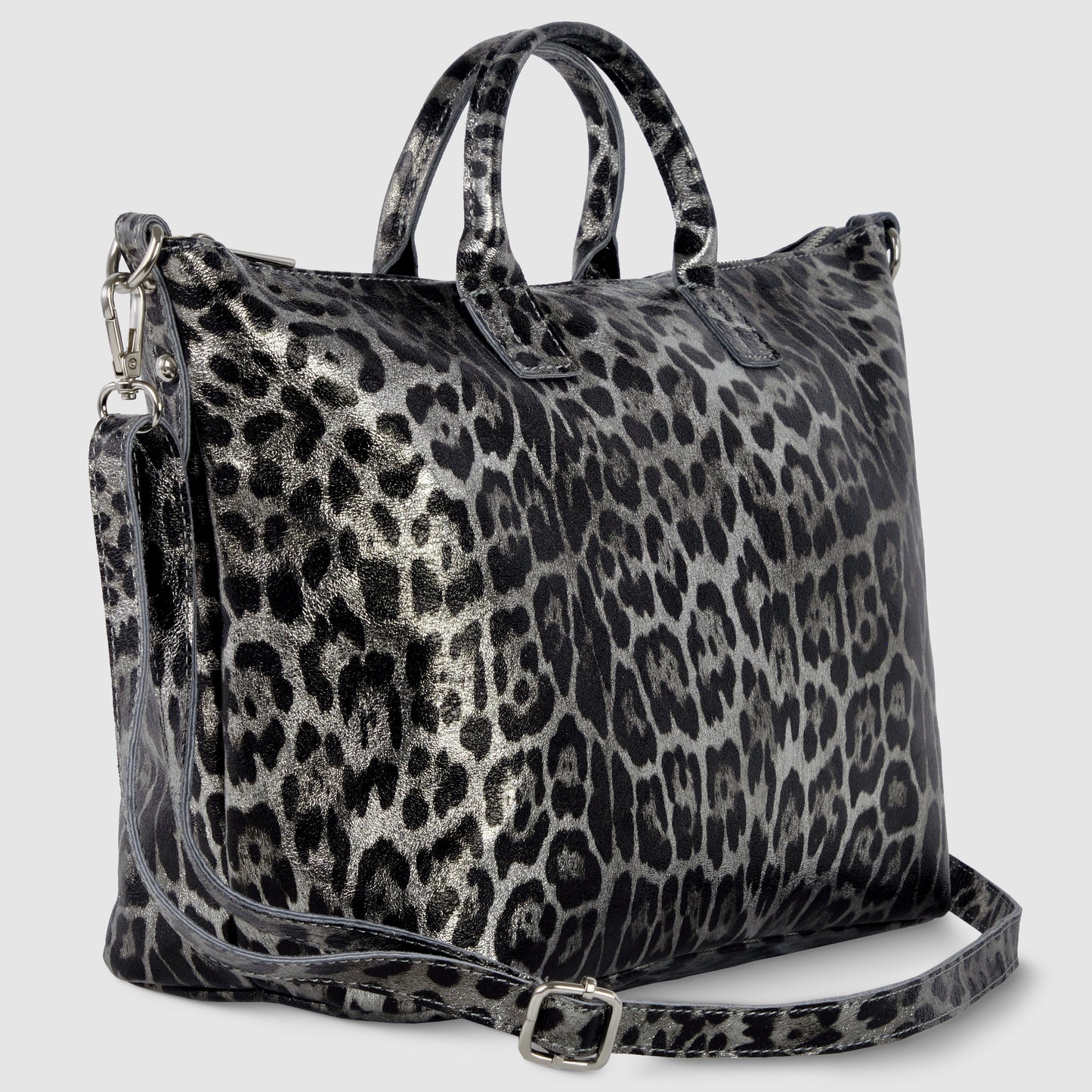 A large TAKEASY handbag with two short handles and a long adjustable strap, featuring a shiny black and silver metallic leopard print pattern.