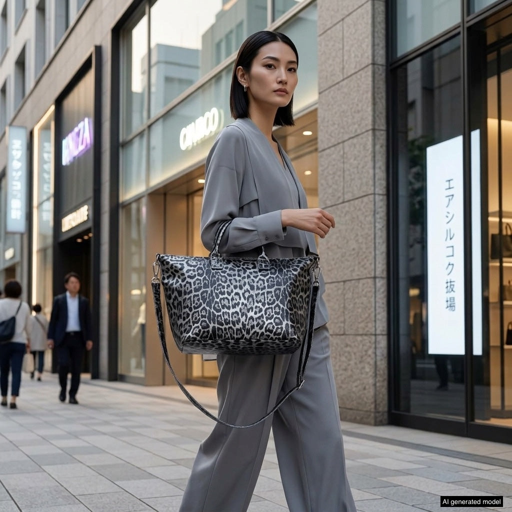 A woman in a gray suit walks on a city sidewalk, carrying a stylish Italian leather handbag. Modern buildings and store signs line the street in the background.