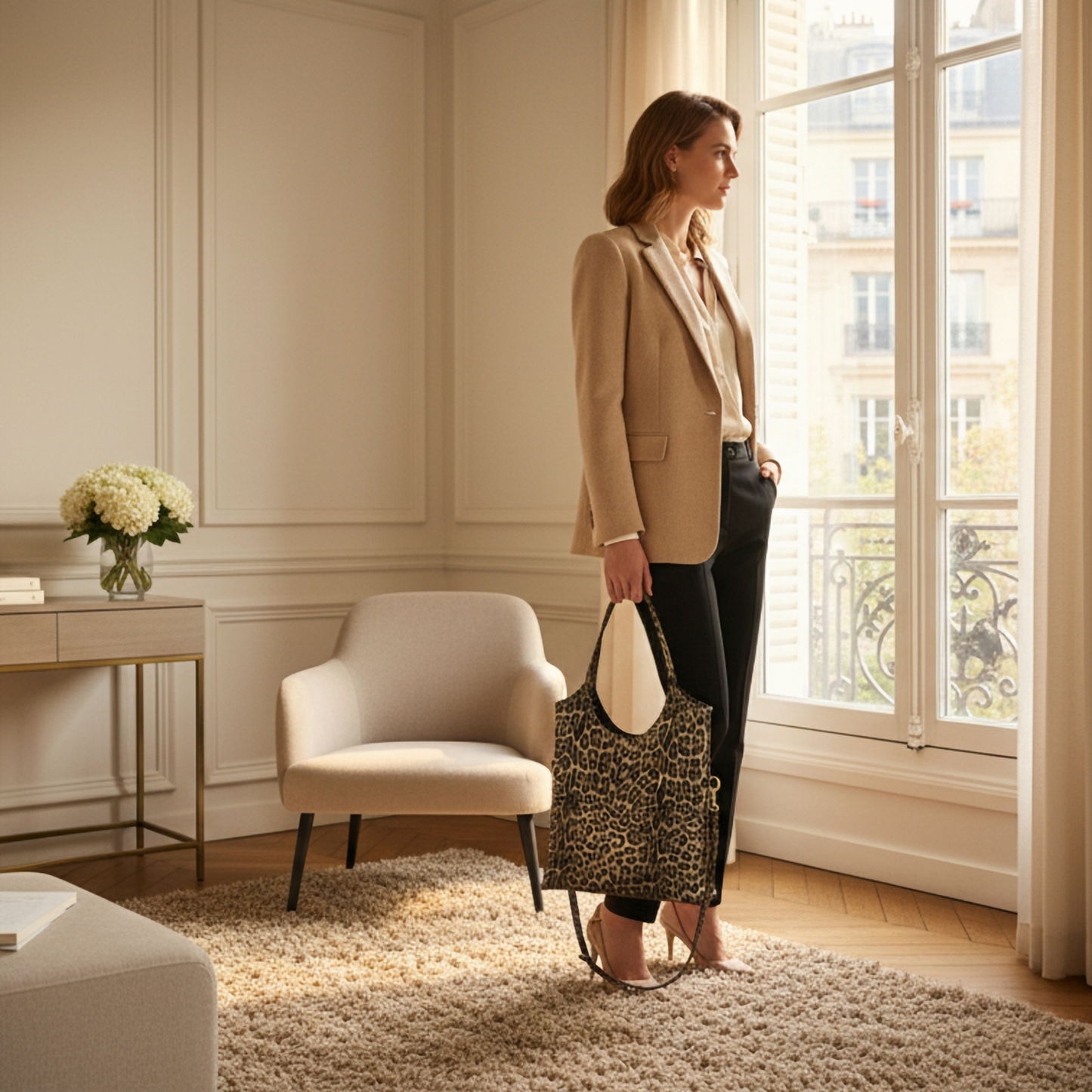 A woman in a beige blazer and black pants stands in a stylish, sunlit living room, holding an Italian leather bag with leopard embossing, gazing out a large window with Parisian buildings visible outside.