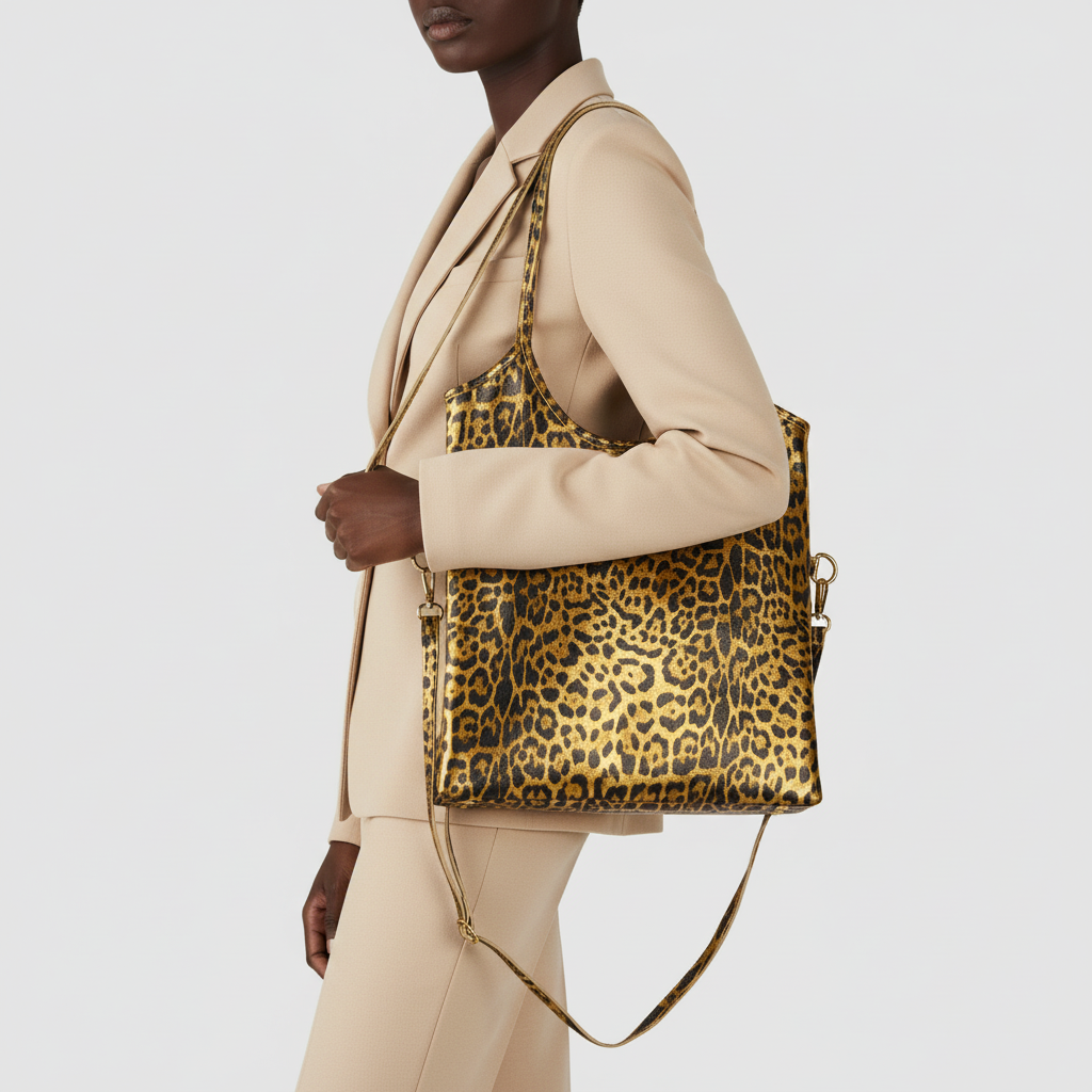 A person in a beige suit carries a large, square-shaped Italian leather bag with bold leopard embossing and a shoulder strap against a plain white background.