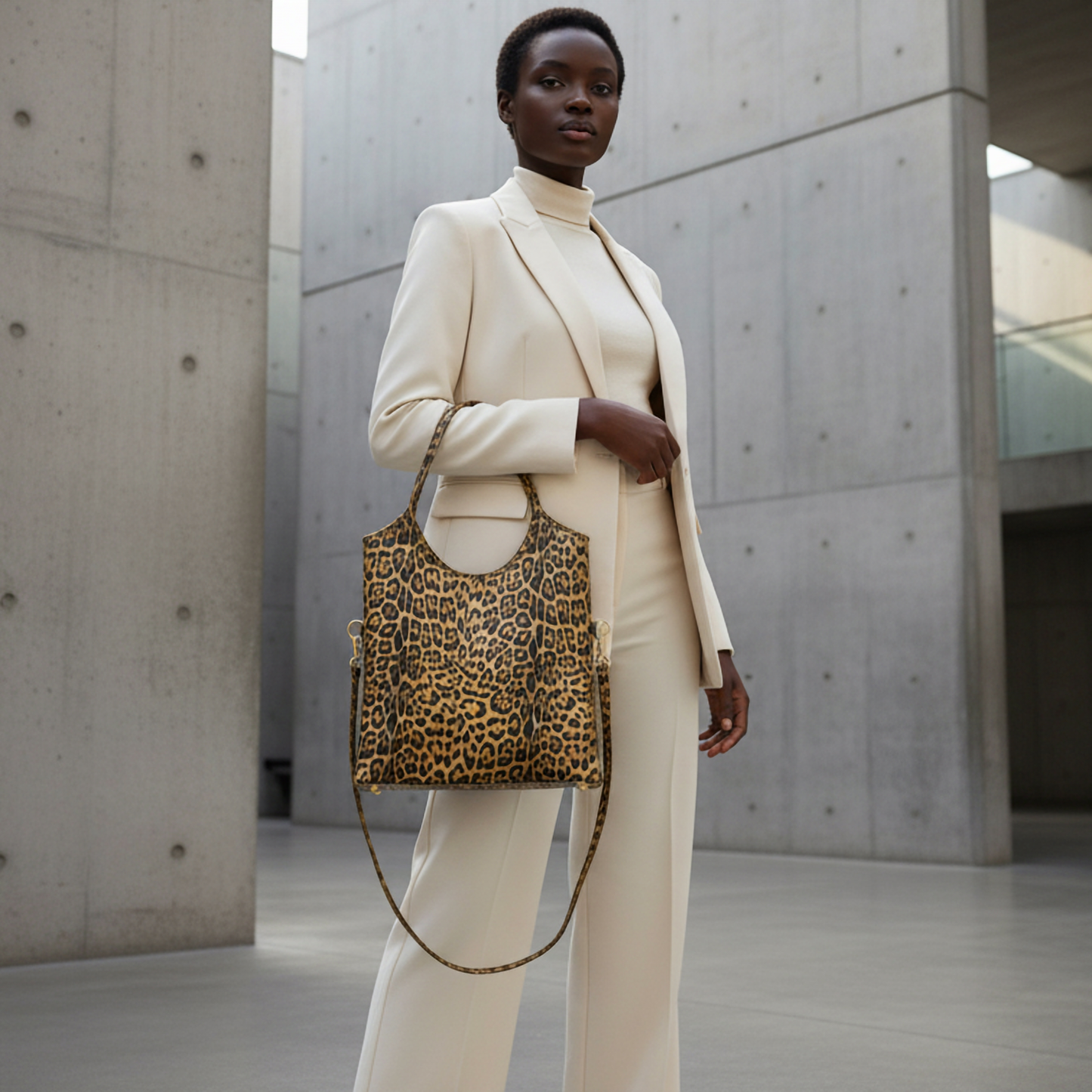 A woman in a cream-colored suit stands confidently in a modern concrete building, holding an Italian leather bag with striking leopard embossing.