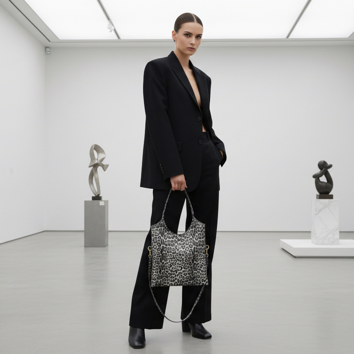 A woman in a black suit stands confidently in a modern art gallery, holding an Italian handbag with a leopard-embossed pattern. Sculptures are displayed on pedestals in the minimalistic, white-walled space.