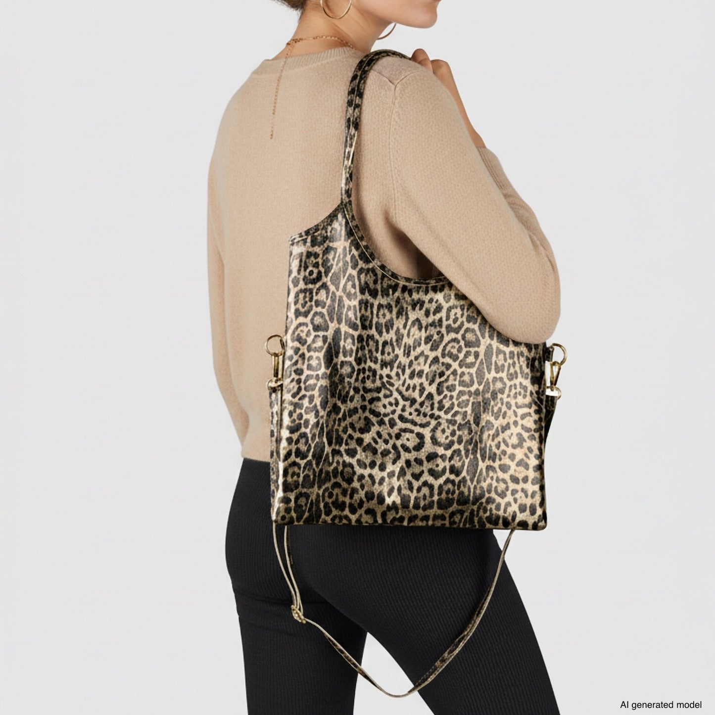 A person wearing a beige sweater and black pants carries a large, shiny, real leather tote with a detachable strap over their shoulder against a light gray background.