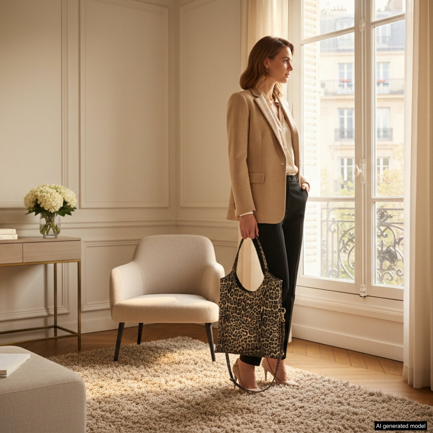 A woman stands in a stylish, sunlit room with elegant decor, holding a real leather tote. She wears a tan blazer, white blouse, and black pants, gazing out a large window at Parisian buildings.
