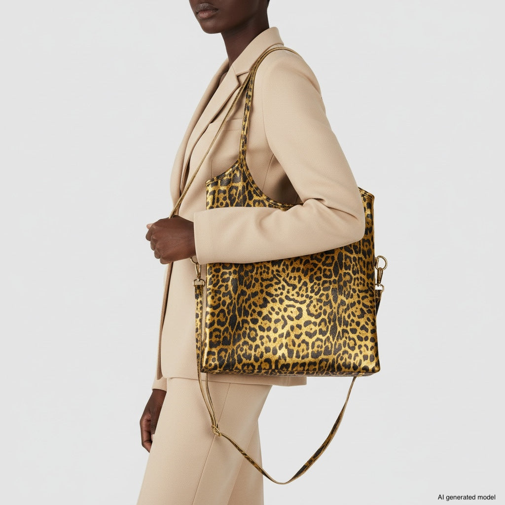 A person wearing a beige suit holds a large Italian suede tote with a shoulder strap, standing against a plain white background.