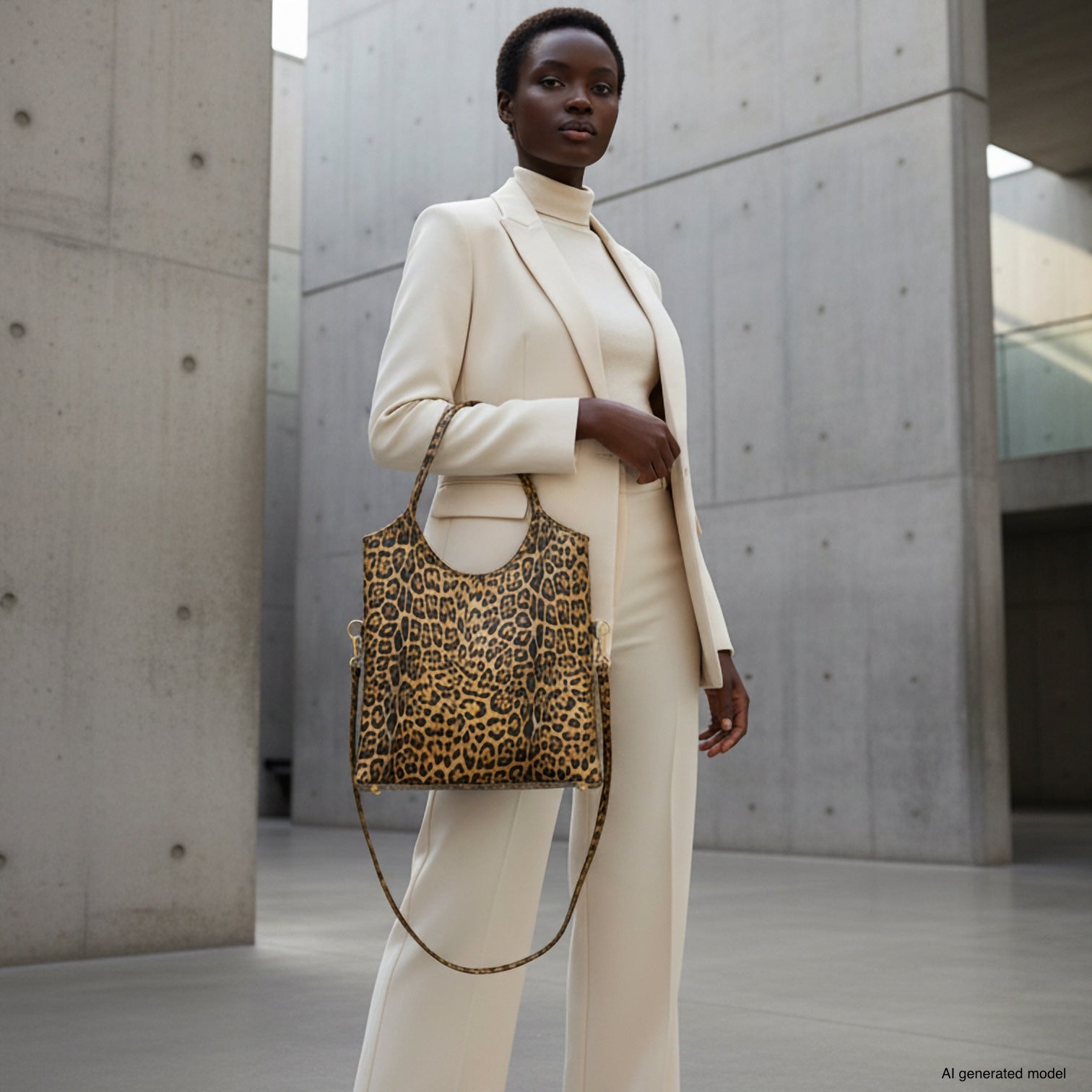 A woman in a cream-colored suit and turtleneck stands in a modern concrete building, holding an Italian suede tote. The setting is minimalistic and stylish.