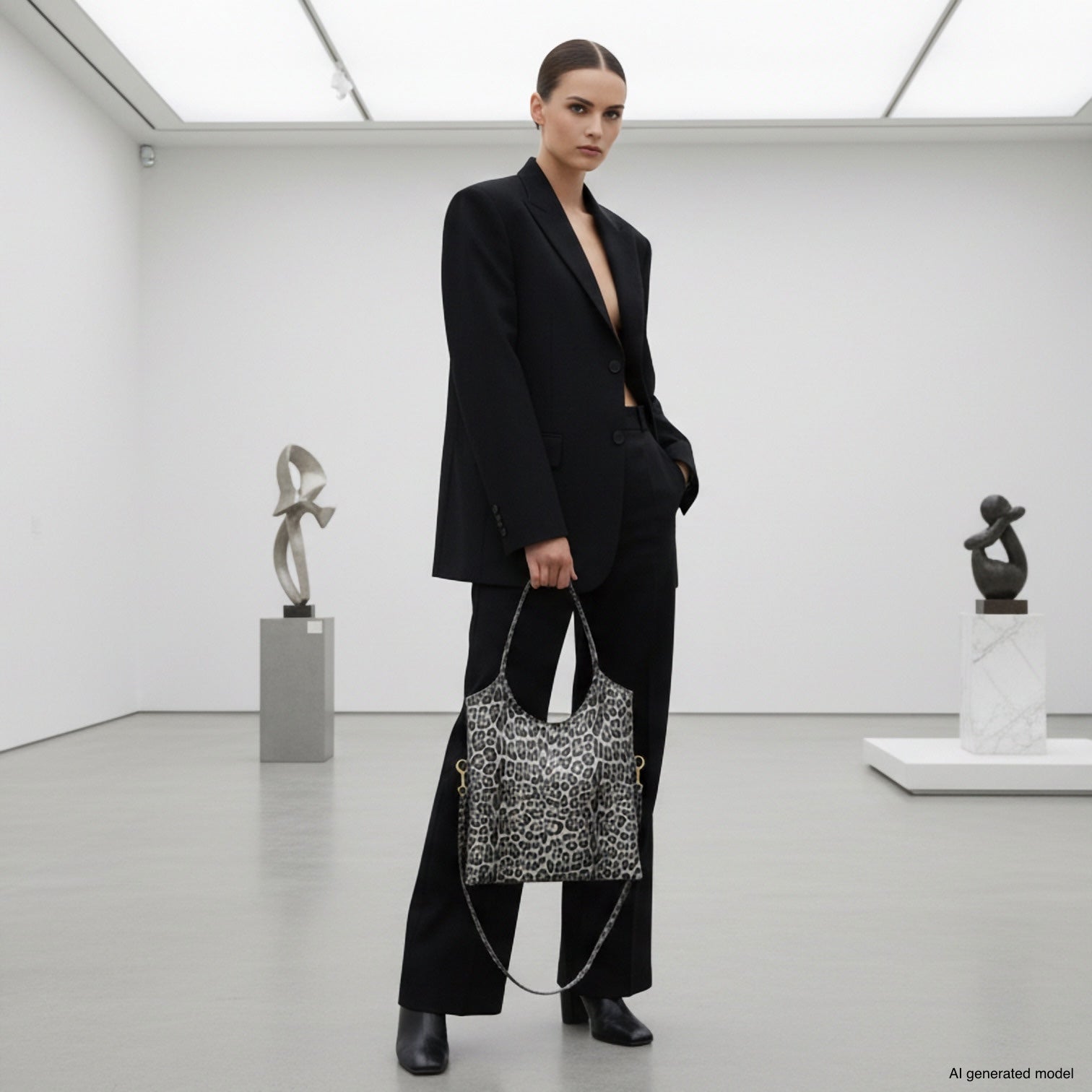 A woman in a modern art gallery wears a black suit with no shirt, holding an Italian suede tote. She stands confidently on a polished floor, with abstract sculptures displayed in the minimalist space.