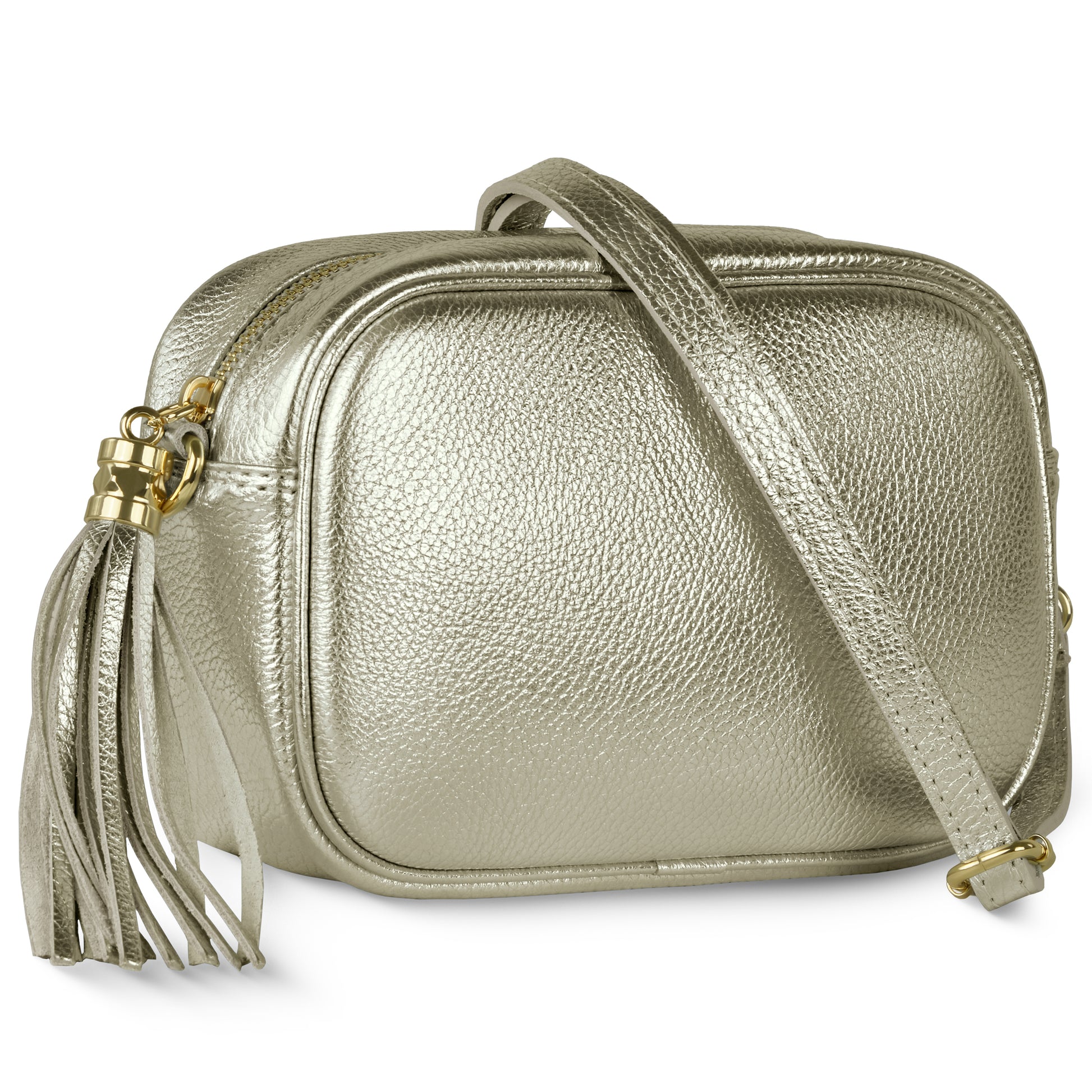 A metallic platinum crossbody handbag with a textured finish, crafted from luster calfskin, featuring a long adjustable strap and a decorative tassel on one side.