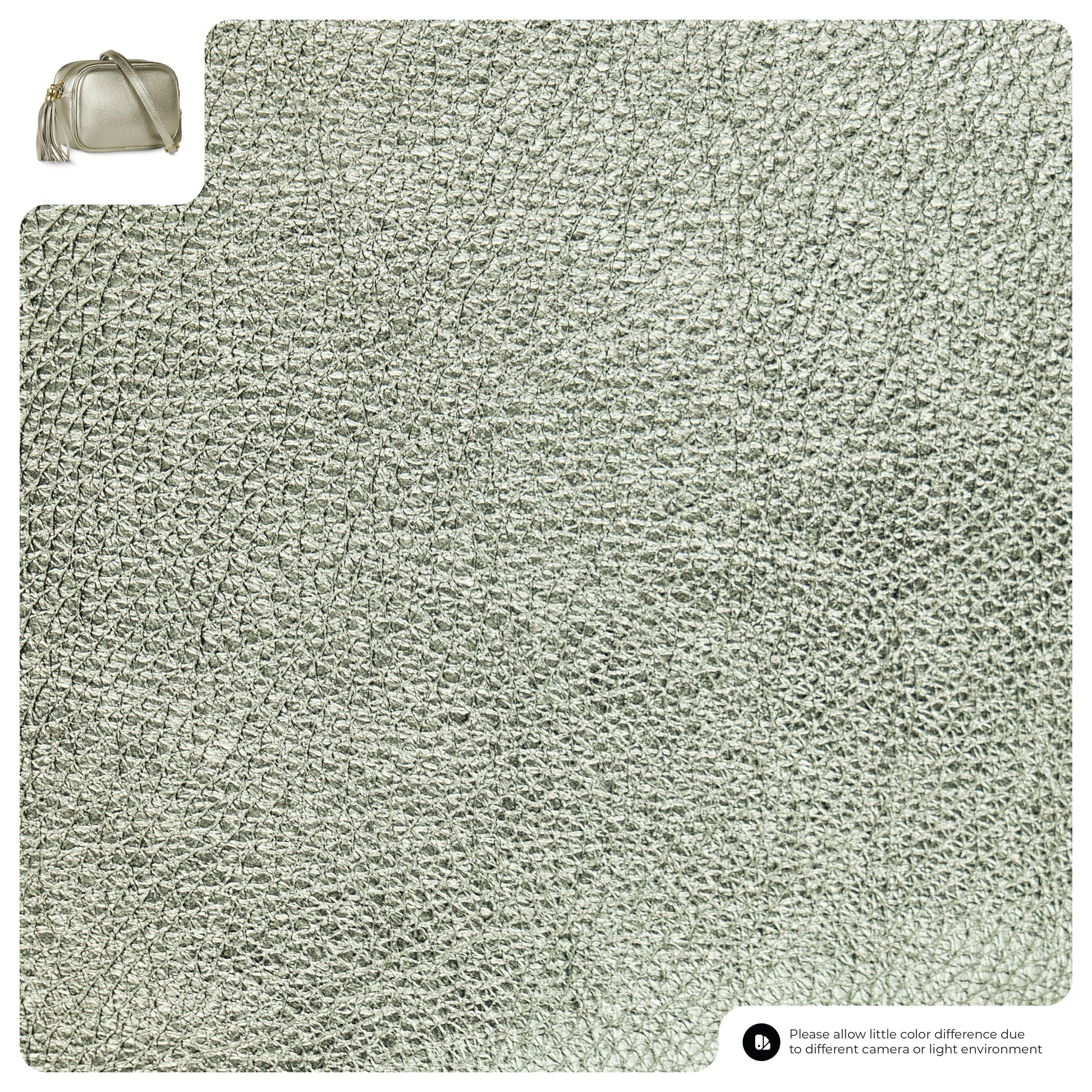 Close-up of metallic textured luster calfskin in silvery-green, with a small inset crossbody handbag crafted from the same material in the top left corner and a note about color differences in the bottom right.