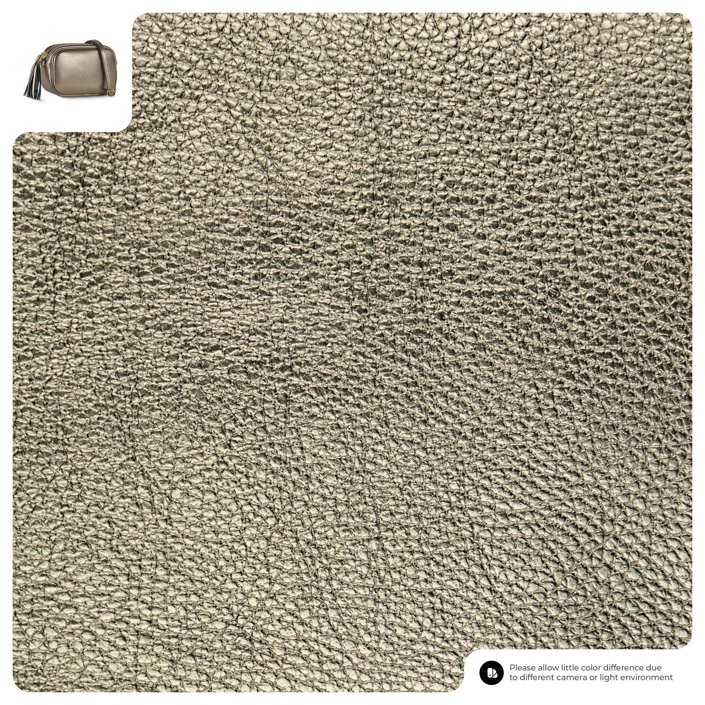 Close-up of textured, metallic gold luster calfskin with a small image of an Italian leather bag in the top left corner; note in the bottom right mentions possible color differences due to lighting or camera.