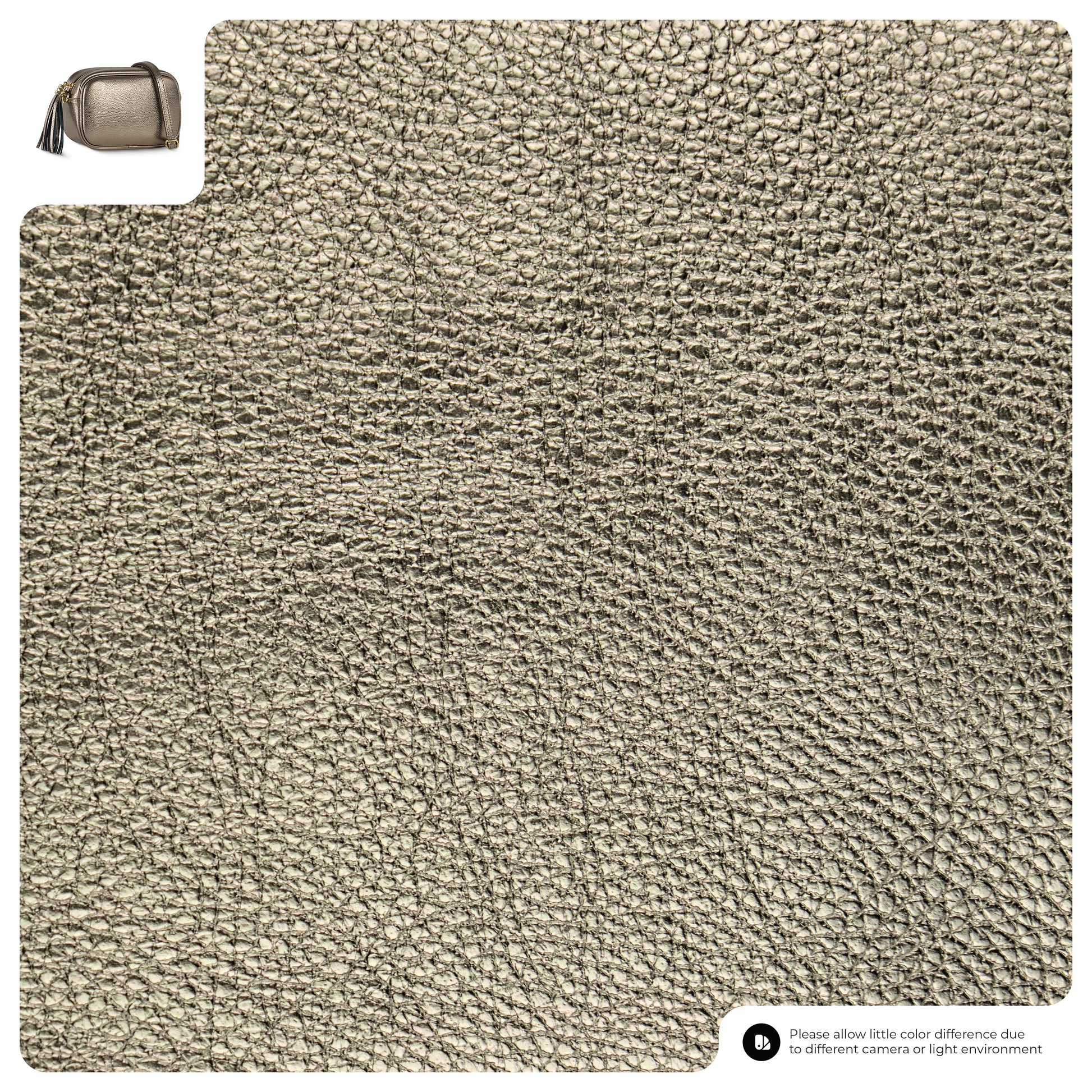 Close-up of textured, metallic gold luster calfskin with a small image of an Italian leather bag in the top left corner; note in the bottom right mentions possible color differences due to lighting or camera.