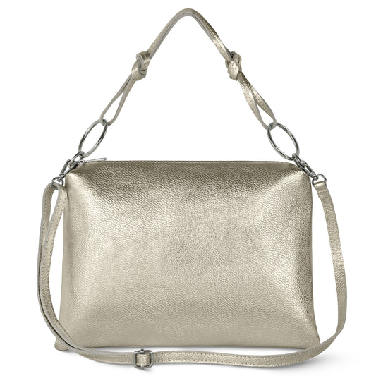 A metallic gold luxury handbag with a textured surface, handmade in Italy from premium leather. It features a short knotted handle and a long adjustable shoulder strap, displayed on a plain white background.