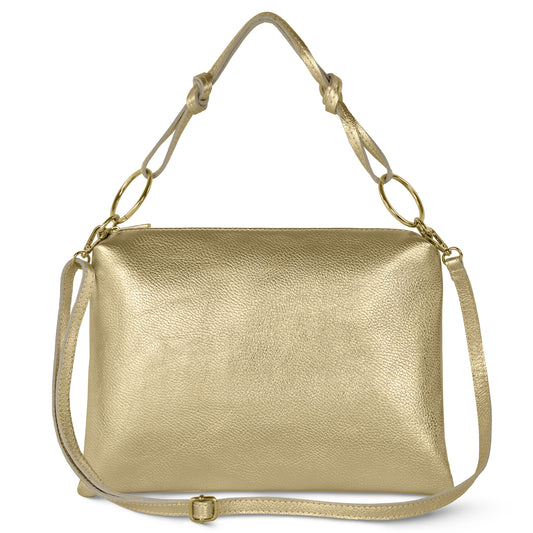 A gold textured Italian leather bag with a short knotted handle and a longer adjustable shoulder strap, both attached with gold rings. This luxury handbag features a simple, rectangular shape and timeless style.