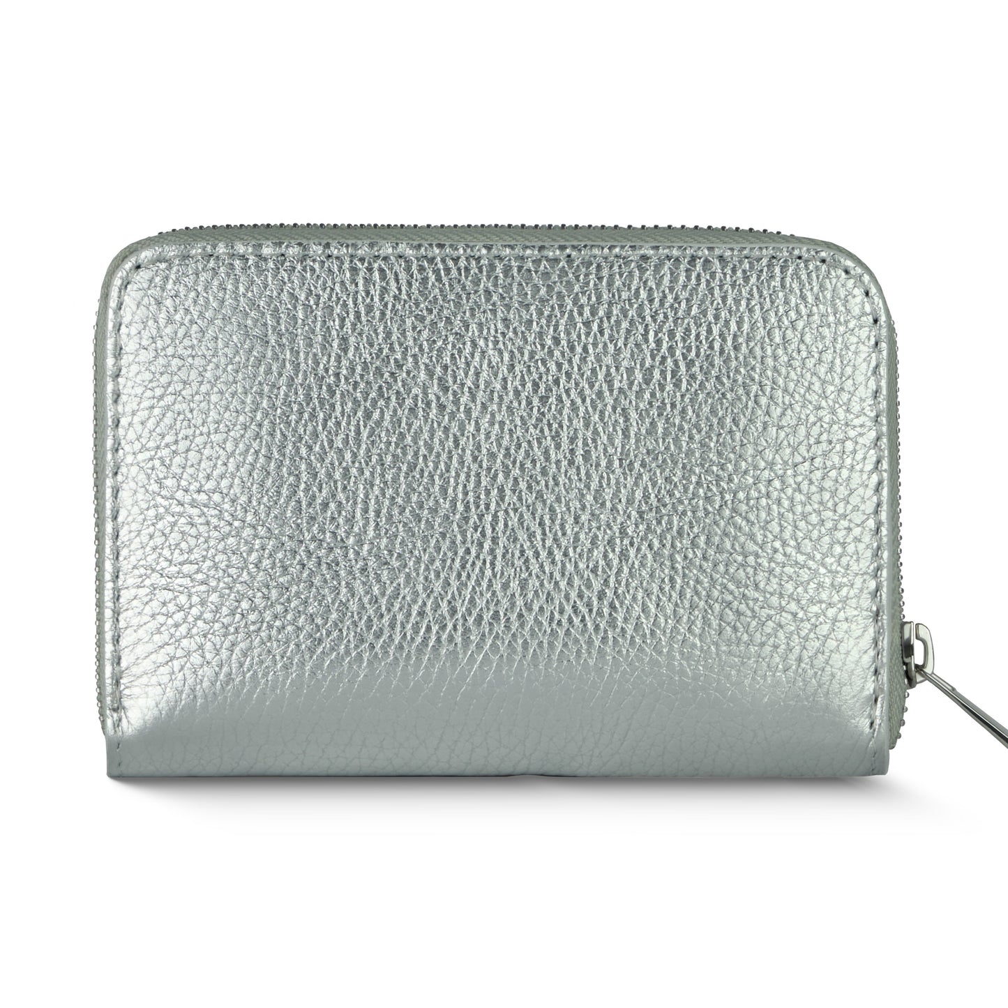 A silver, textured Luster Calf Leather zippered wallet is shown upright against a white background. The zipper pull is visible on the right side, showcasing the refined elegance of this Italian leather wallet.