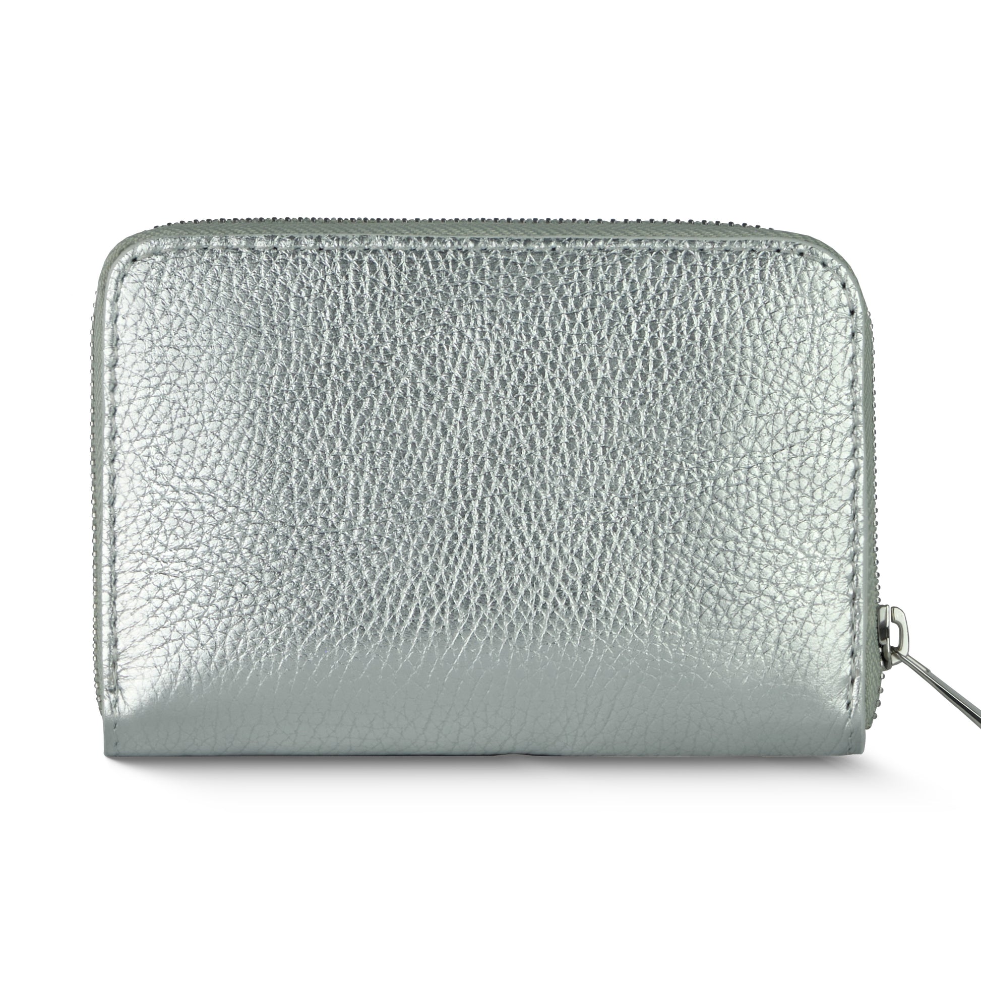 A silver, textured Luster Calf Leather zippered wallet is shown upright against a white background. The zipper pull is visible on the right side, showcasing the refined elegance of this Italian leather wallet.