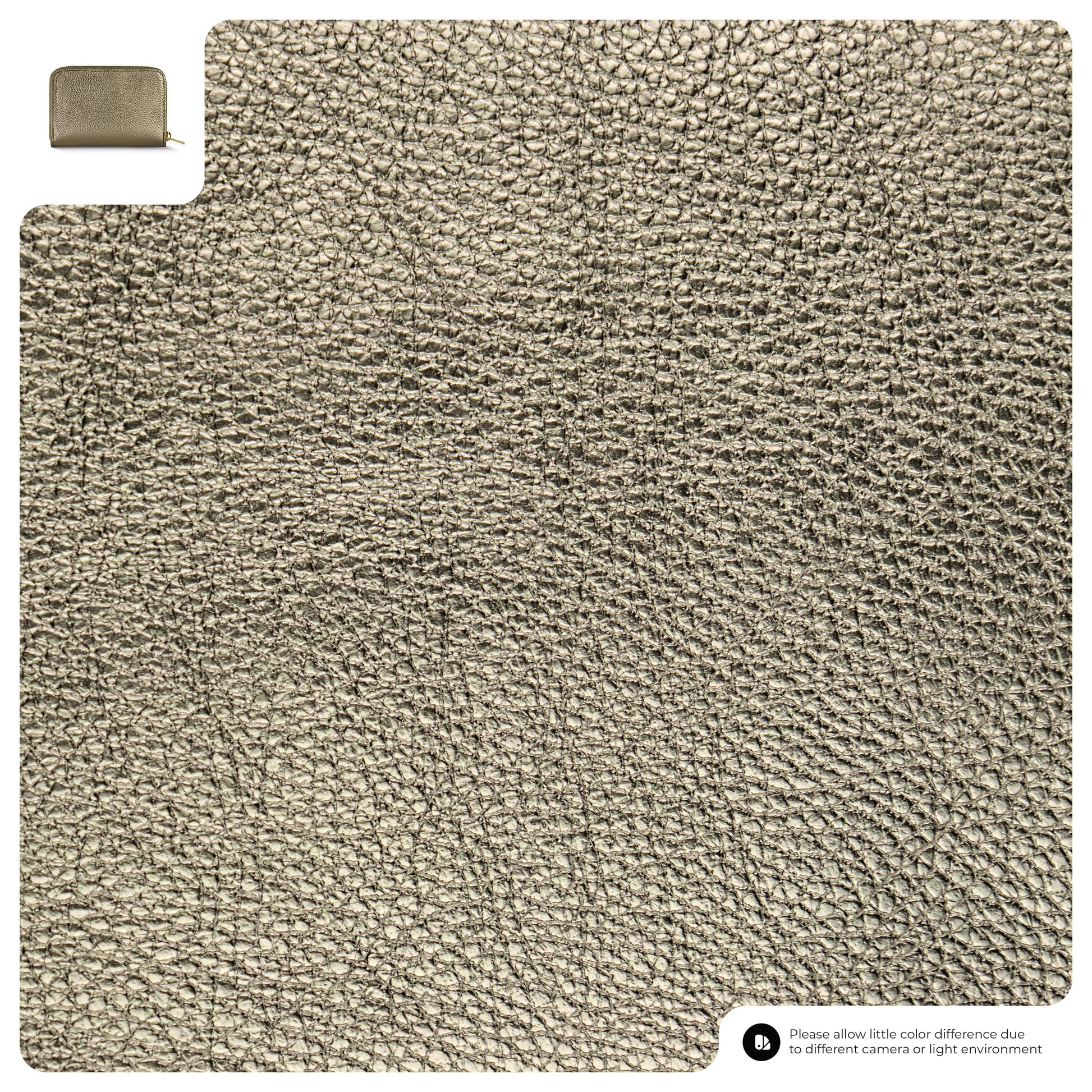 A close-up of textured, pebbled Florentine leather in light brown. In the top left corner sits a small, matching leather zipper pouch. A note at the bottom mentions possible slight color differences.