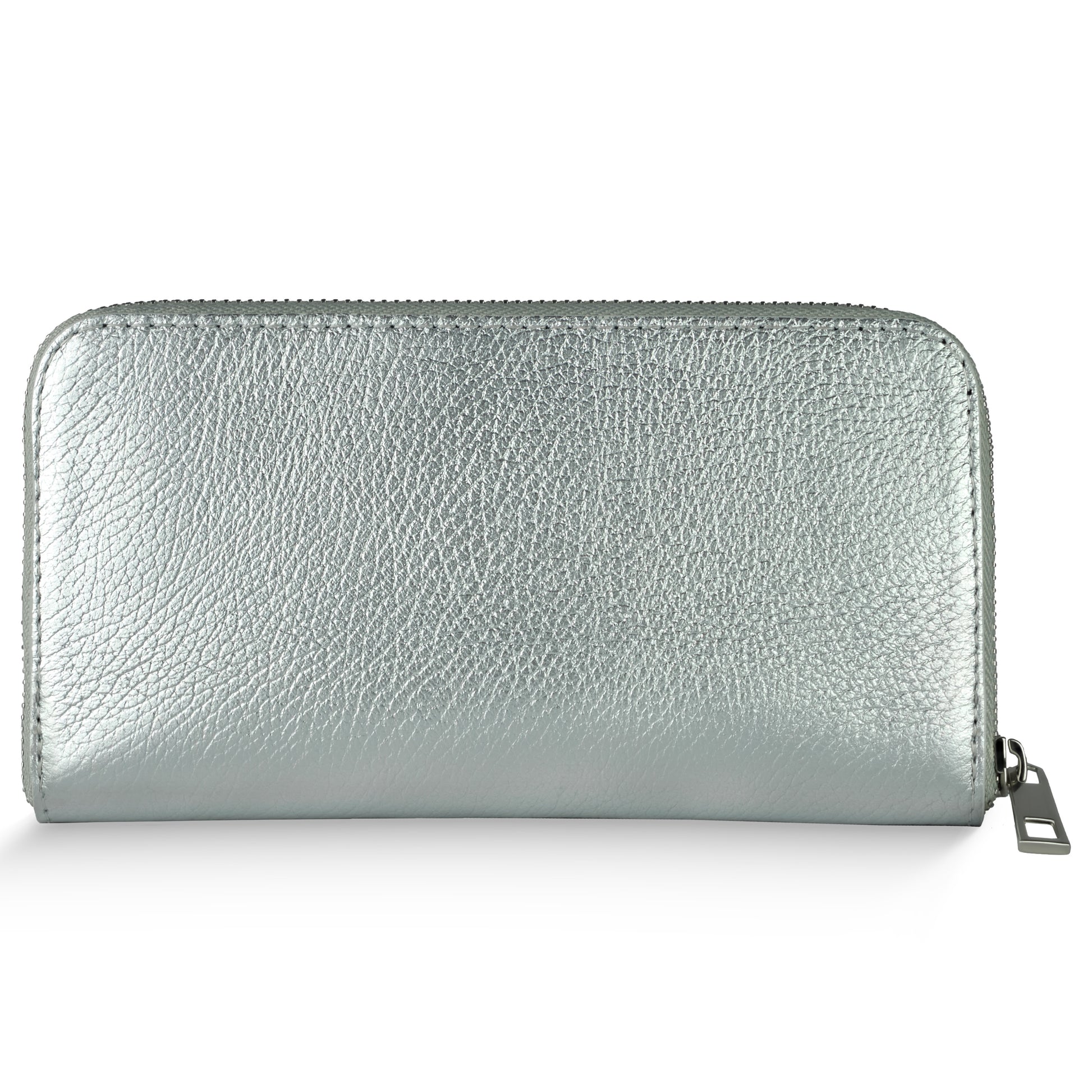 A metallic silver zip-around women's luxury wallet with a textured finish, shown against a white background. The zipper pull is visible on the right side.