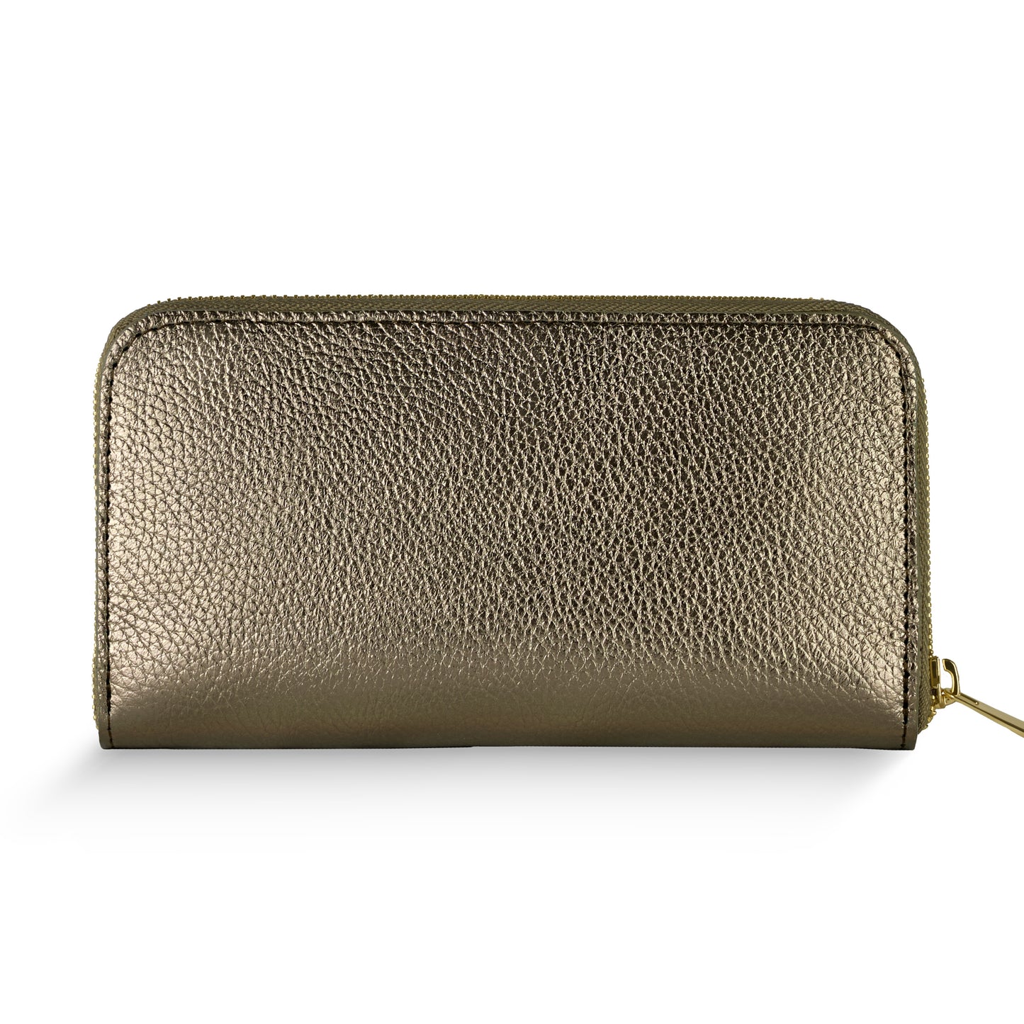 A metallic gold, textured Italian leather wallet stands upright against a white background. The zipper pull is visible on the right side, highlighting this women's luxury wallet's refined elegance.