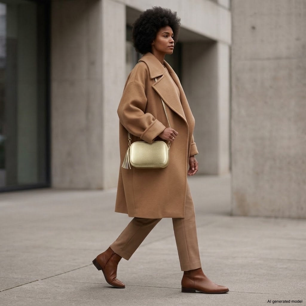 A person in a tan coat, matching pants, and brown boots walks on a city sidewalk, carrying a metallic finish purse. The background features concrete buildings.