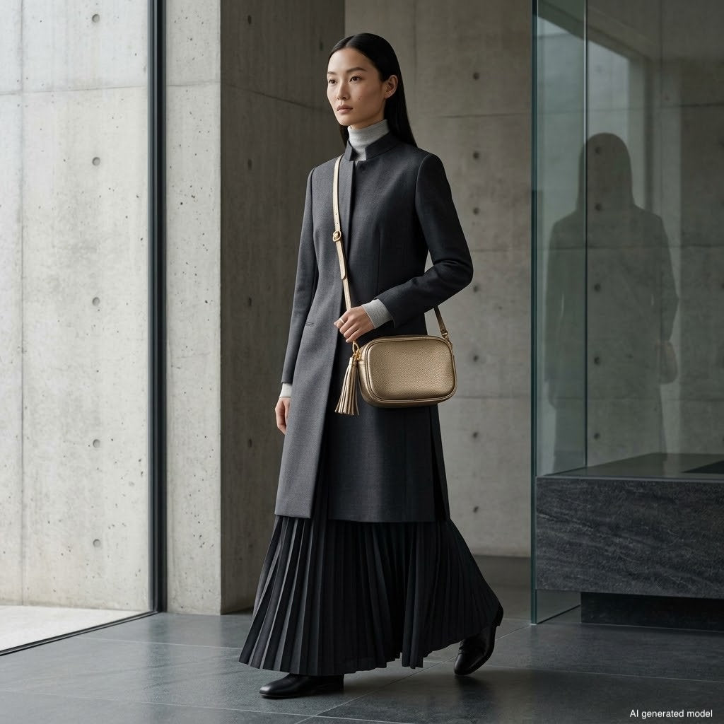 A woman in a long dark coat, turtleneck, and pleated skirt stands indoors, carrying a pebbled leather handbag. The space features minimalist concrete walls and large glass windows.