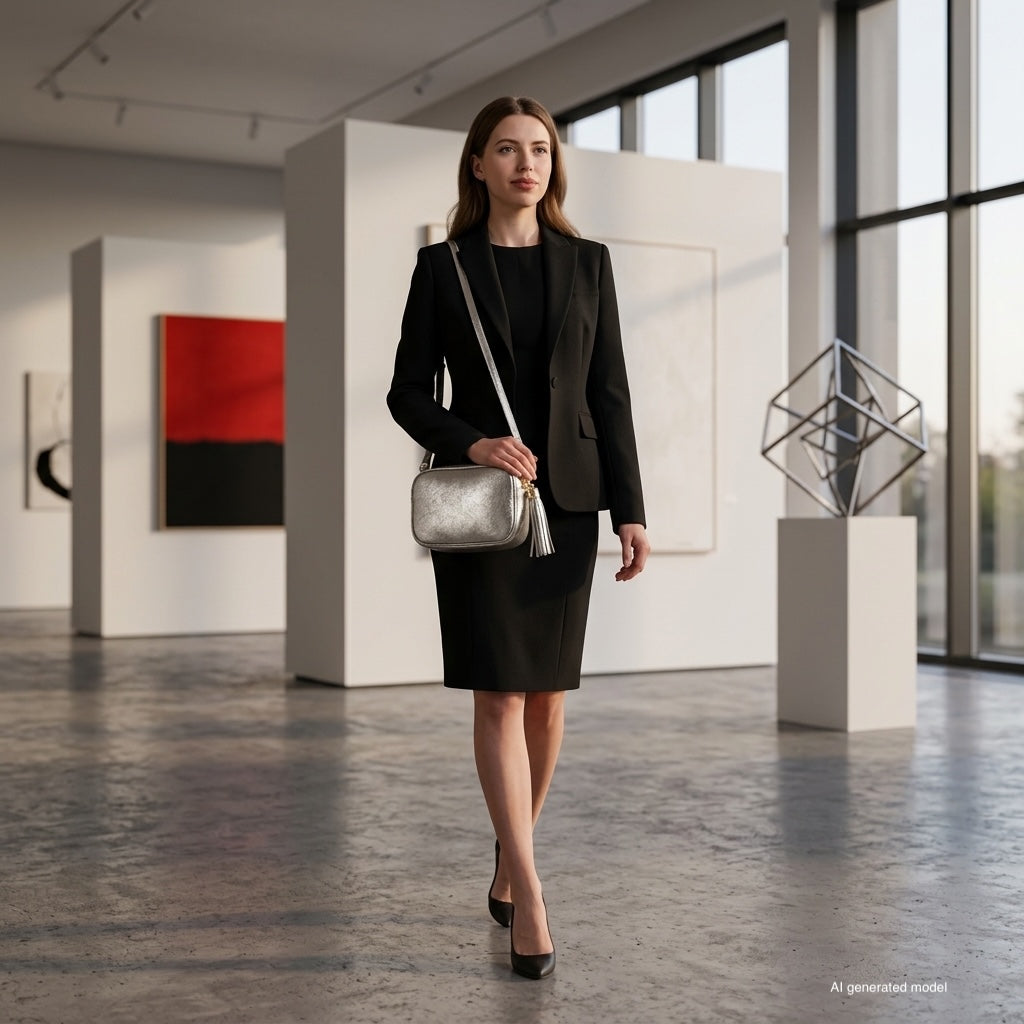 A woman in a black suit and dress walks confidently through a modern art gallery with abstract paintings and a geometric sculpture. She carries a compact rectangular handbag and wears black heels.