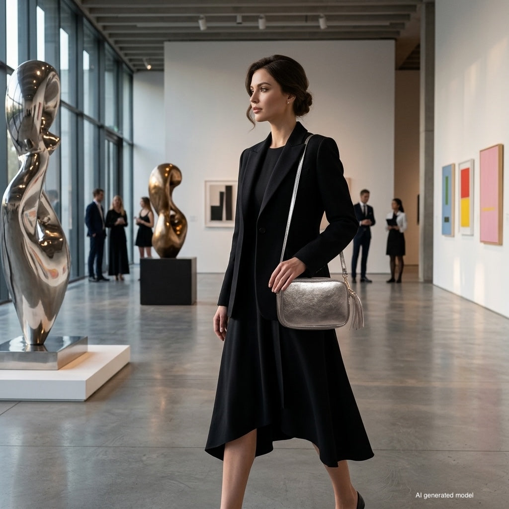A woman in a black dress and blazer walks through a modern art gallery with sculptures and framed artworks. She carries a compact rectangular handbag. Several people are seen conversing in the background.