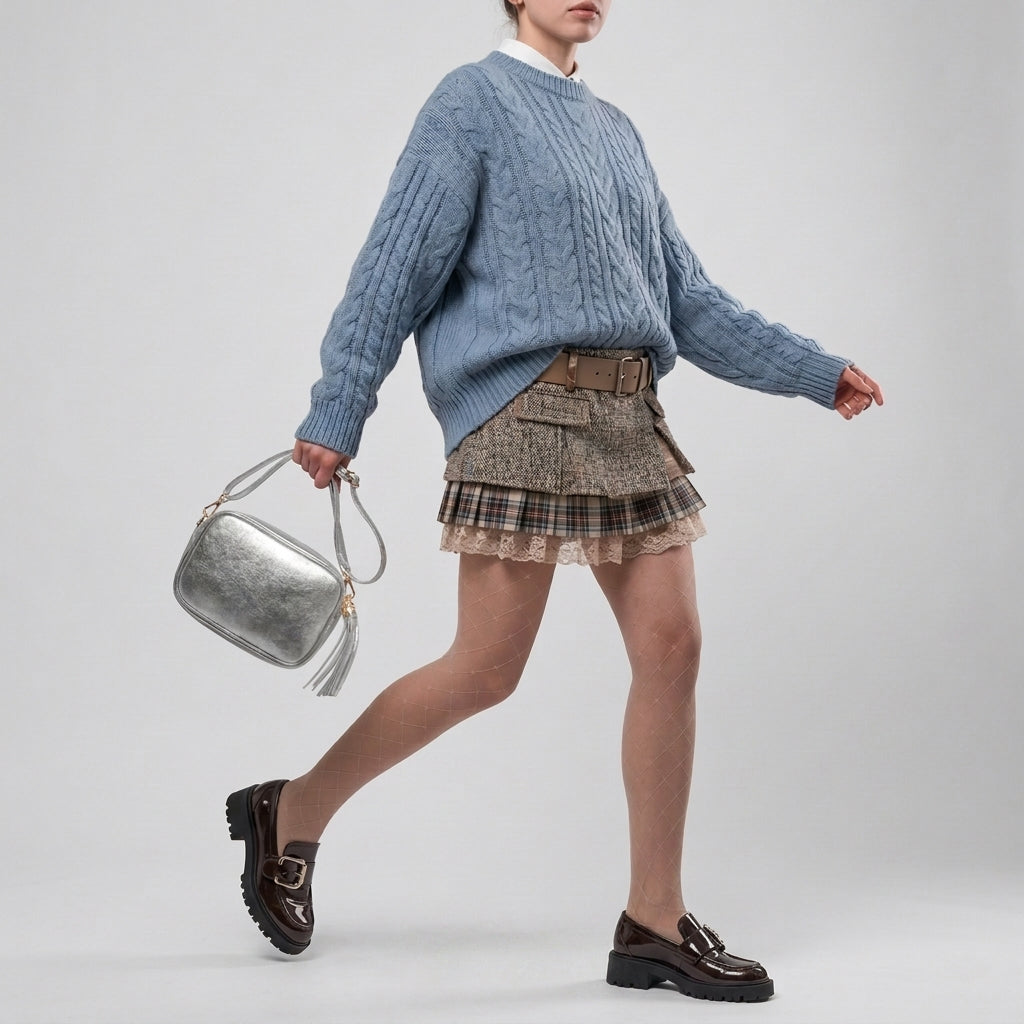 A person wearing a blue oversized cable knit sweater, plaid mini skirt with lace trim, sheer tights, and brown loafers walks while holding a compact rectangular handbag showcasing Italian craftsmanship against a plain light background.